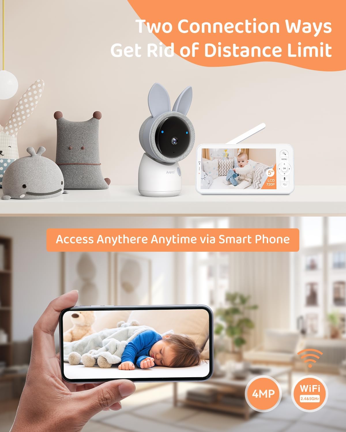 ARENTI 2.4G&5G Smart Baby Monitor with Camera and Audio, 5’’ WiFi/No-WiFi 4MP Split Screen with Night Light, Smoothing Lullabies, Cry&Motion Detection, Temp&Humidity Senor, Free APP with Motion Video
