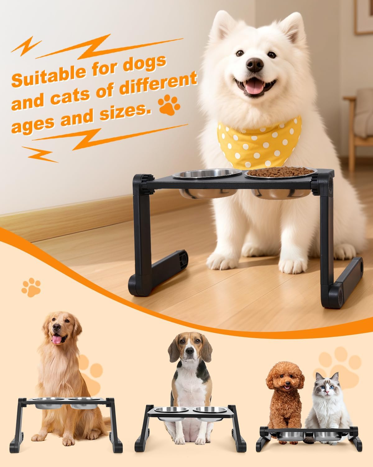 Elevated Dog Bowls with 2 Stainless Steel Plates - Foldable & Adjustable Height Dog Feeder, Ideal for Travel Carrying - Suitable for Small to Medium Dogs, Cats, Pets
