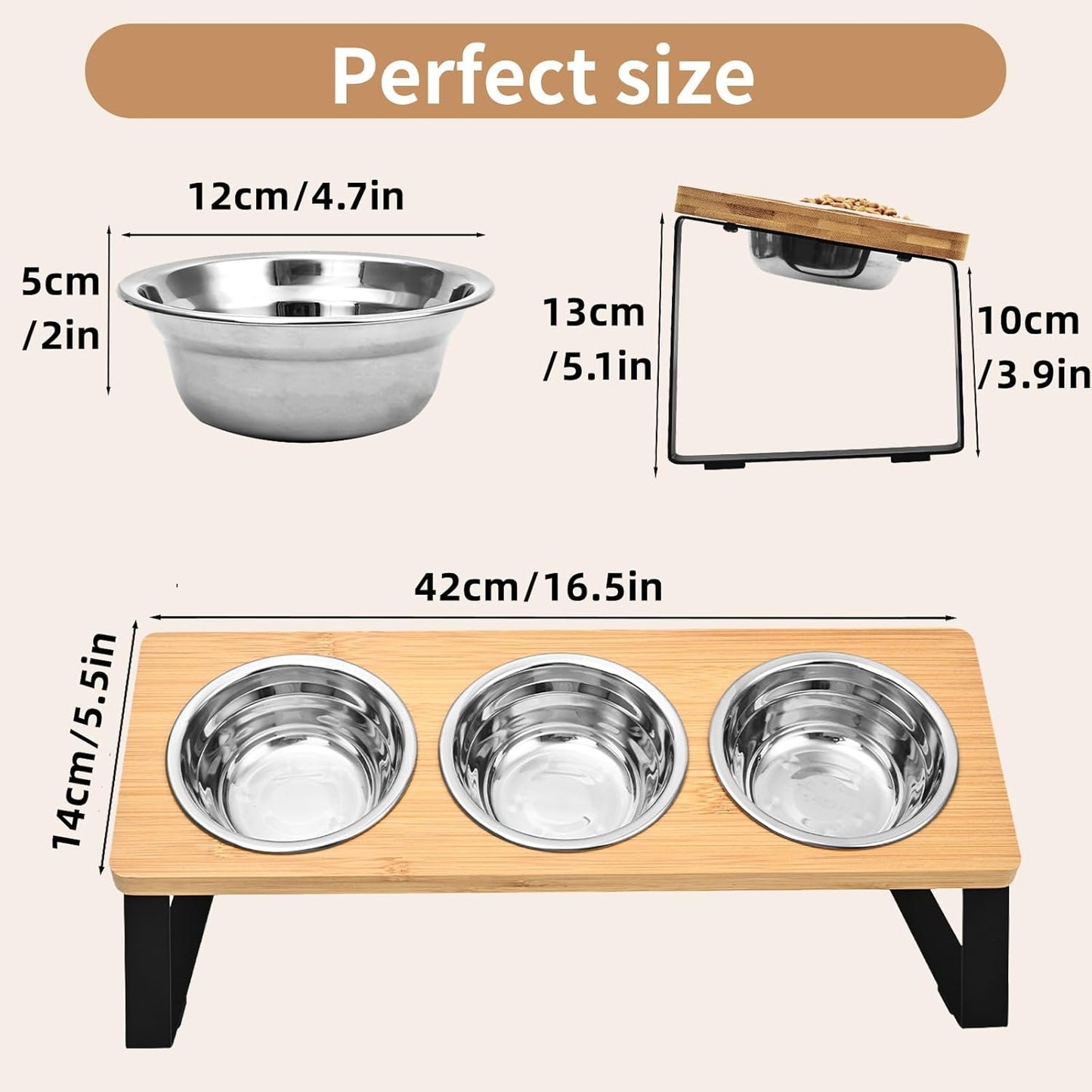 Raised Cat Food Water Bowl，Small Dog 15 ° Tilted Elevated Food Feeding Tray with Three Stainless Steel Bowls to Protect The Spine of Cats and Dogs from Vomiting (Wood Color) (3 Bowls)