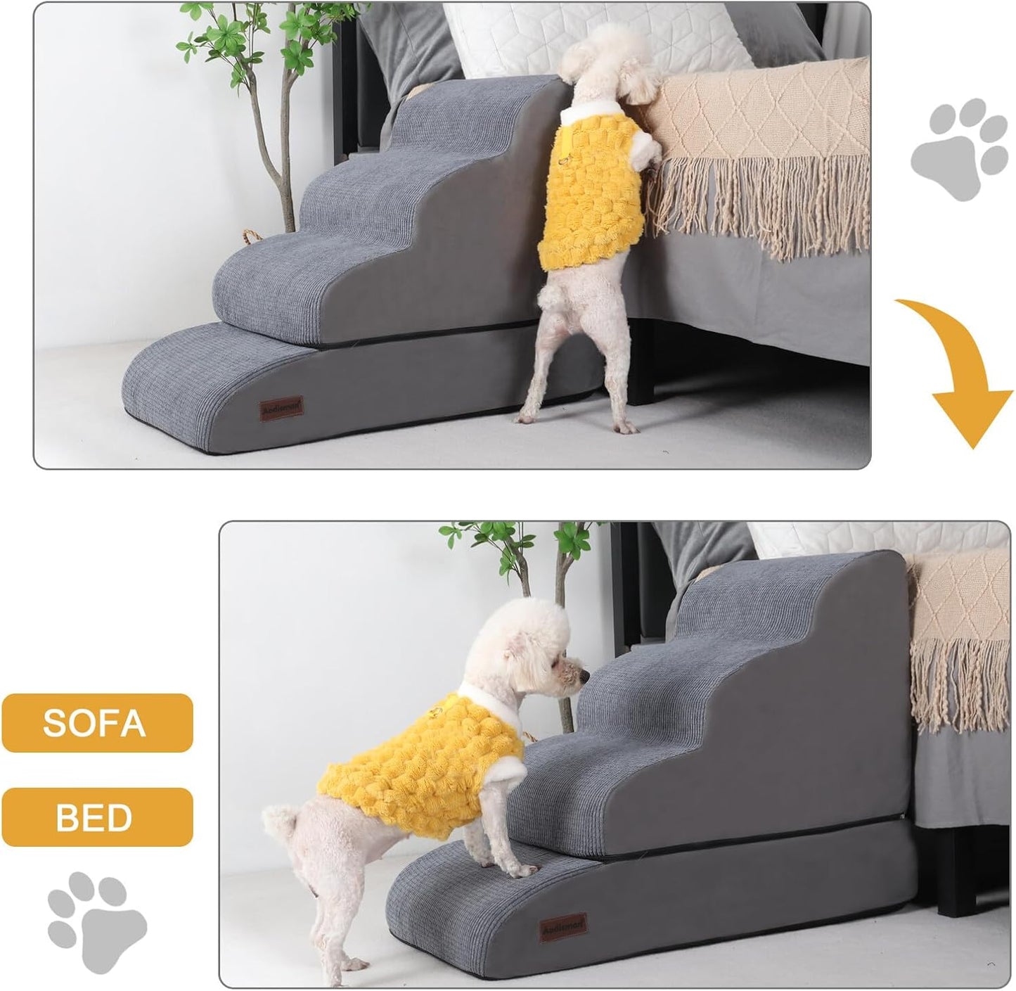 4-Step Dog Stairs and Ramp for Beds or Couches – Non-Slip Sturdy Pet Steps for Small Dogs and Cats,21" H,Grey