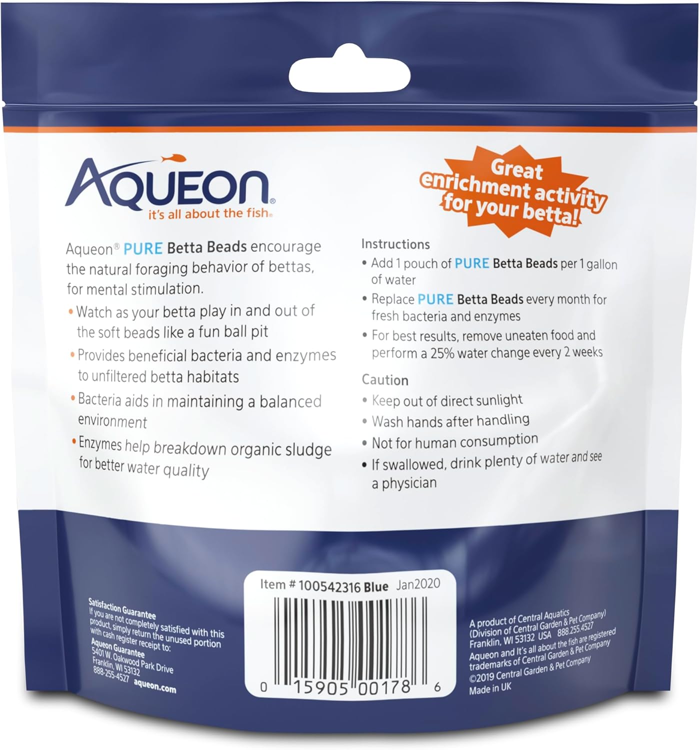Aqueon PURE Betta Beads, Water Care for Unfiltered Aquariums, Maintains Clear Water and Helps Breakdown Organic Sludge, Blue