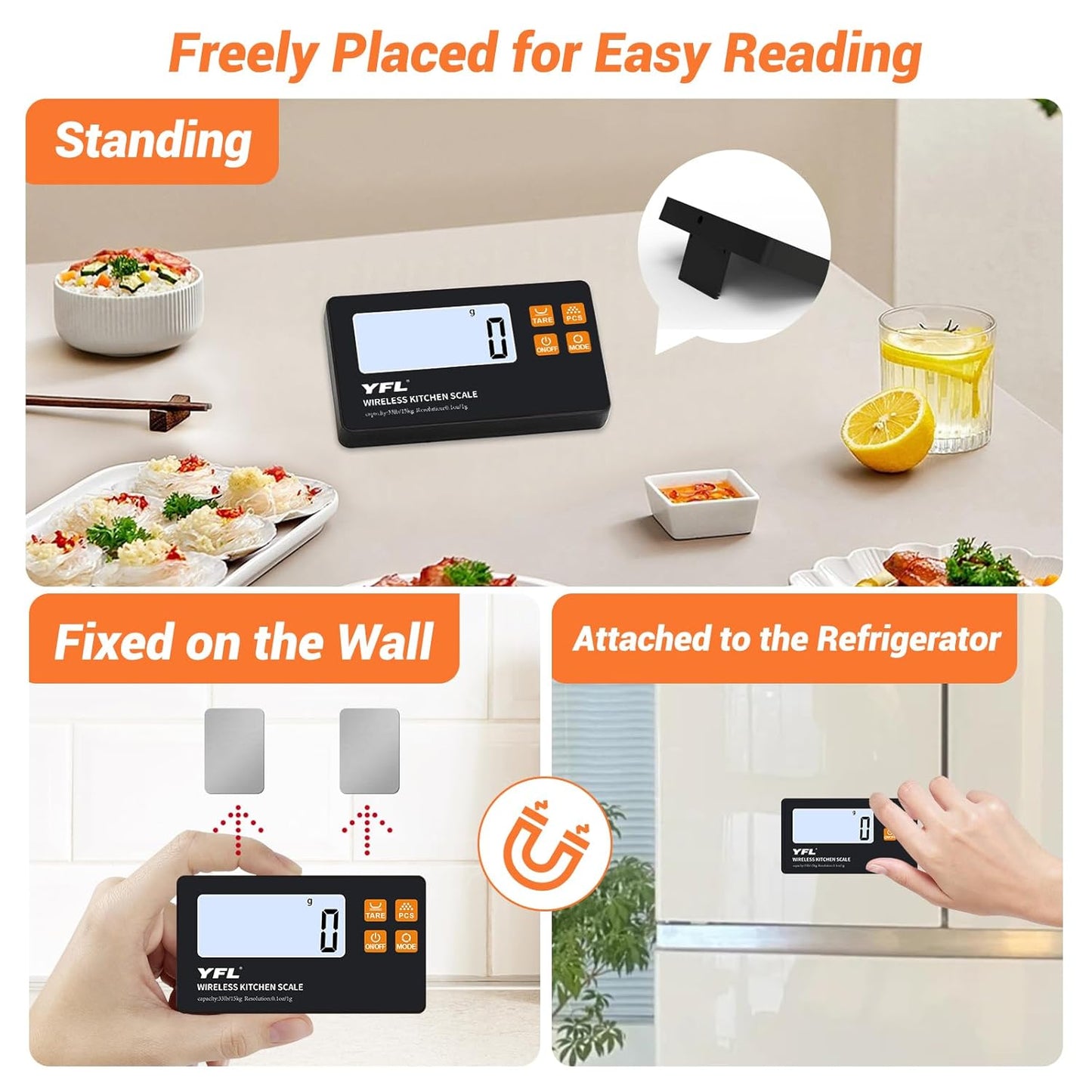 YFL Wireless Kitchen Scale with Detachable Remote Display, 33lb High Precision Digital Scale 1g/0.1oz, Tare Function 7 Units Food Scale for Cooking, Baking, Meal Prep & Dieting