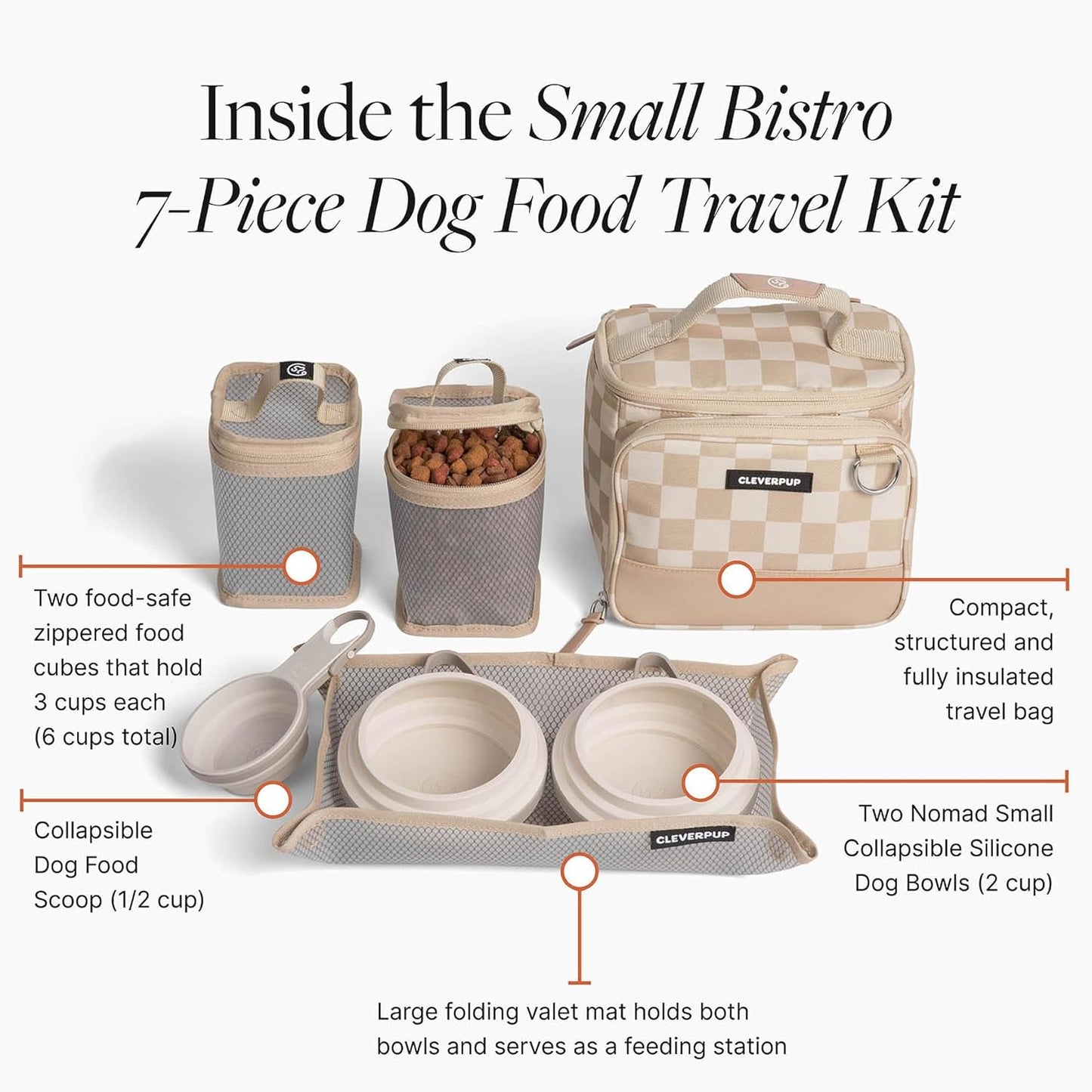 Cleverpup Small 7-Piece Bistro Box Dog Food Travel Kit, 6-Cup BPA-Free Kibble Storage, 2 Silicone Bowls, Mat & Scoop - Portable Pet Food Kit for Weekends, Overnights, Daycare & Camping, Checkerboard
