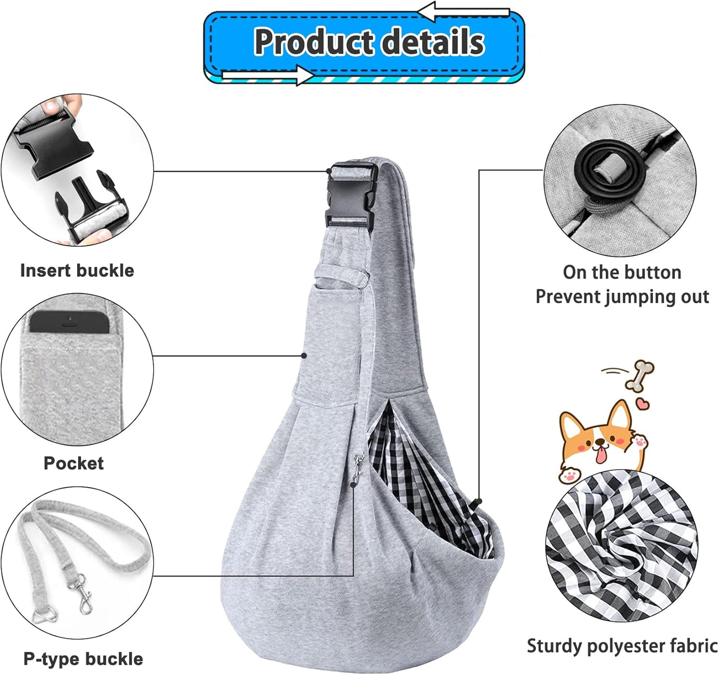 Kanemc Dog Sling Carrier for Small Dogs Cat Puppy Pets Up to 16.5lbs, Comfy Hard Bottom Support, Adjustable Padded Shoulder Strap, Hands-Free Dog Carrier Sling Bag for Outdoor Travel