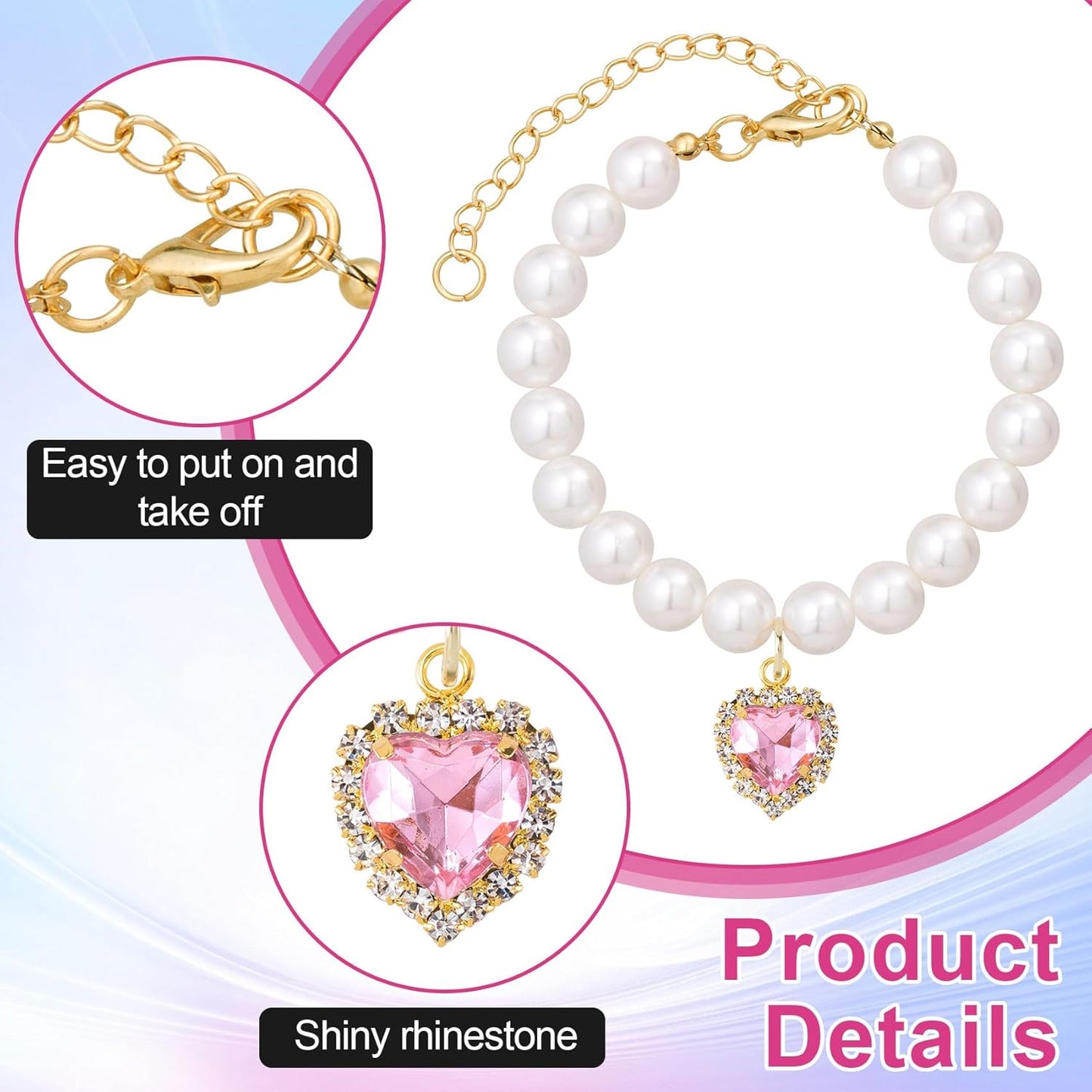 2pcs Cat Dog Pearl Collar, Small Heart Shape Rhinestone Pet Necklace, Adjustable Wedding Party Pet Jewelry Accessories for Puppy Small Cats- White & Pink