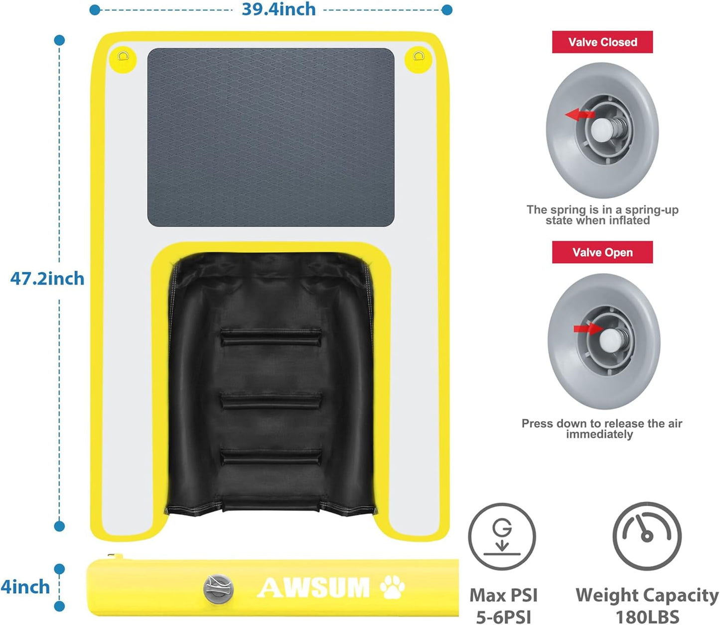 AWSUM Inflatable Dog Water Ramp 4ft x 3.3ft Dog Boat Ramp Floating for Dogs Up to 220LBS On Water Float Ladder Steps for Pool, Dock, Lakes, Yellow
