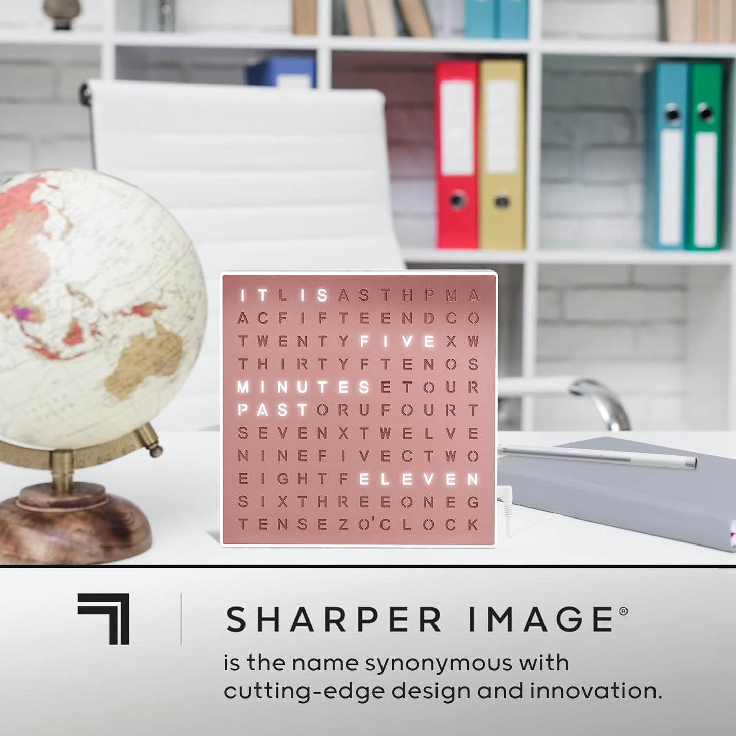Sharper Image LED Word Digital Clock, 7.75", Rose Gold Finish, Light-Up Desk & Wall Clock, Modern Time Display, Shelf or Wall Decor for Home Office, Living Room, Kitchen & Bedroom, Housewarming Gift