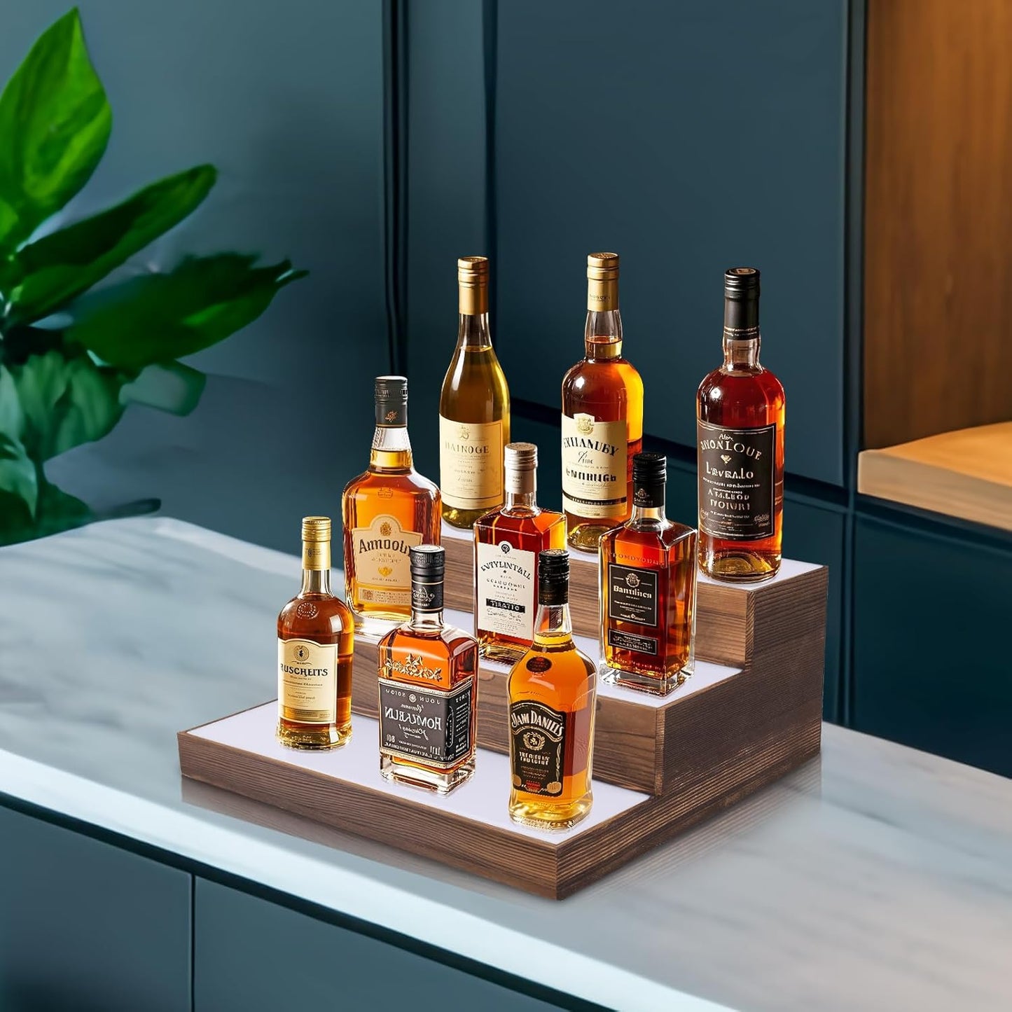 3 Tier Wine Rack with Light LED Liquor Bottle Display Case Acrylic Illuminated Bar Bottle Display Shelf RGB Lighting for Home Commercial Bar Party by Wood