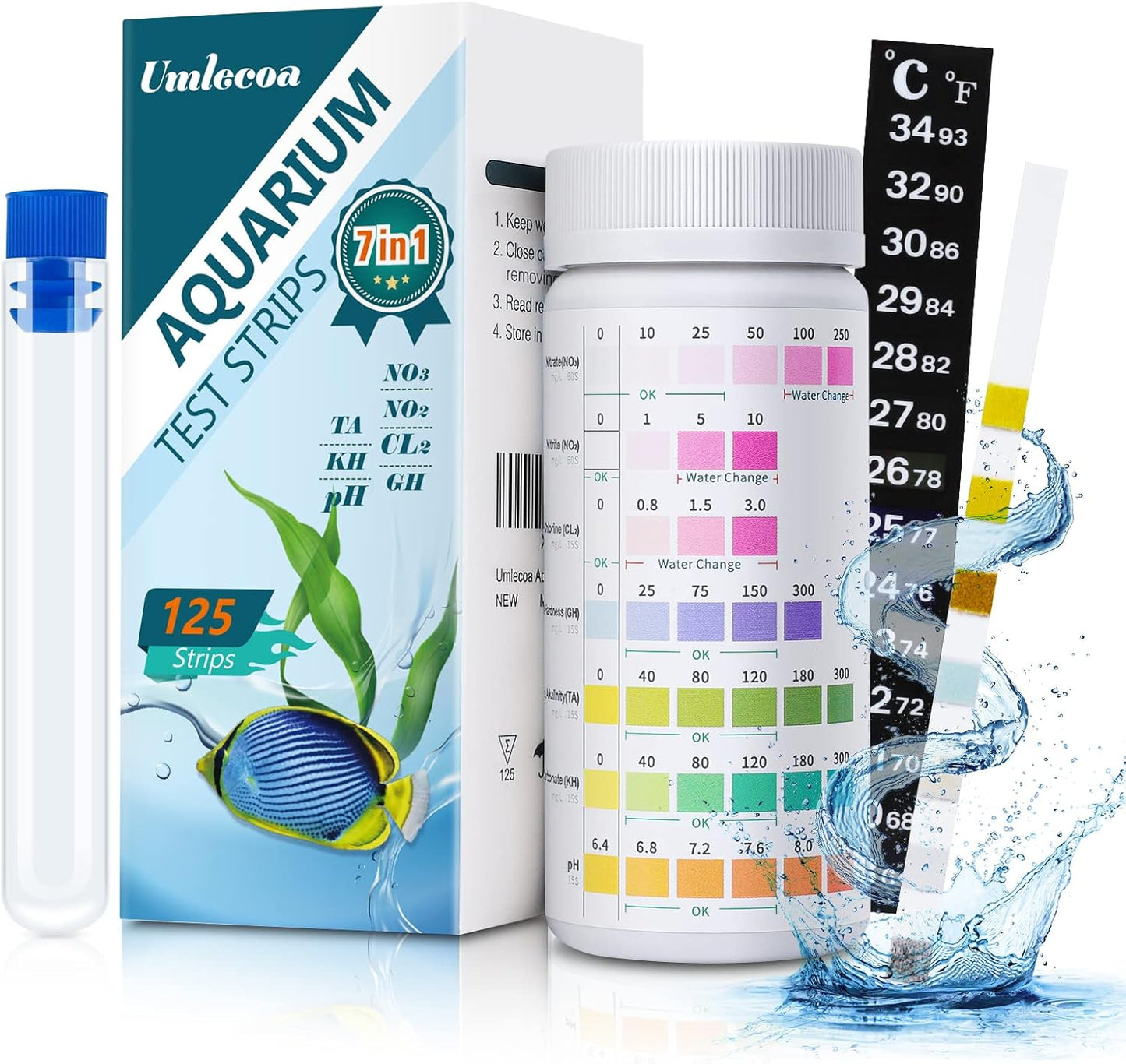 7 in 1 Aquarium Test Kit for Freshwater and Saltwater - 125 Aquarium Test Strips with Test Tube & Thermometer - Fast & Accurate Water Testing Strips for Aquarium/Pond/Pool