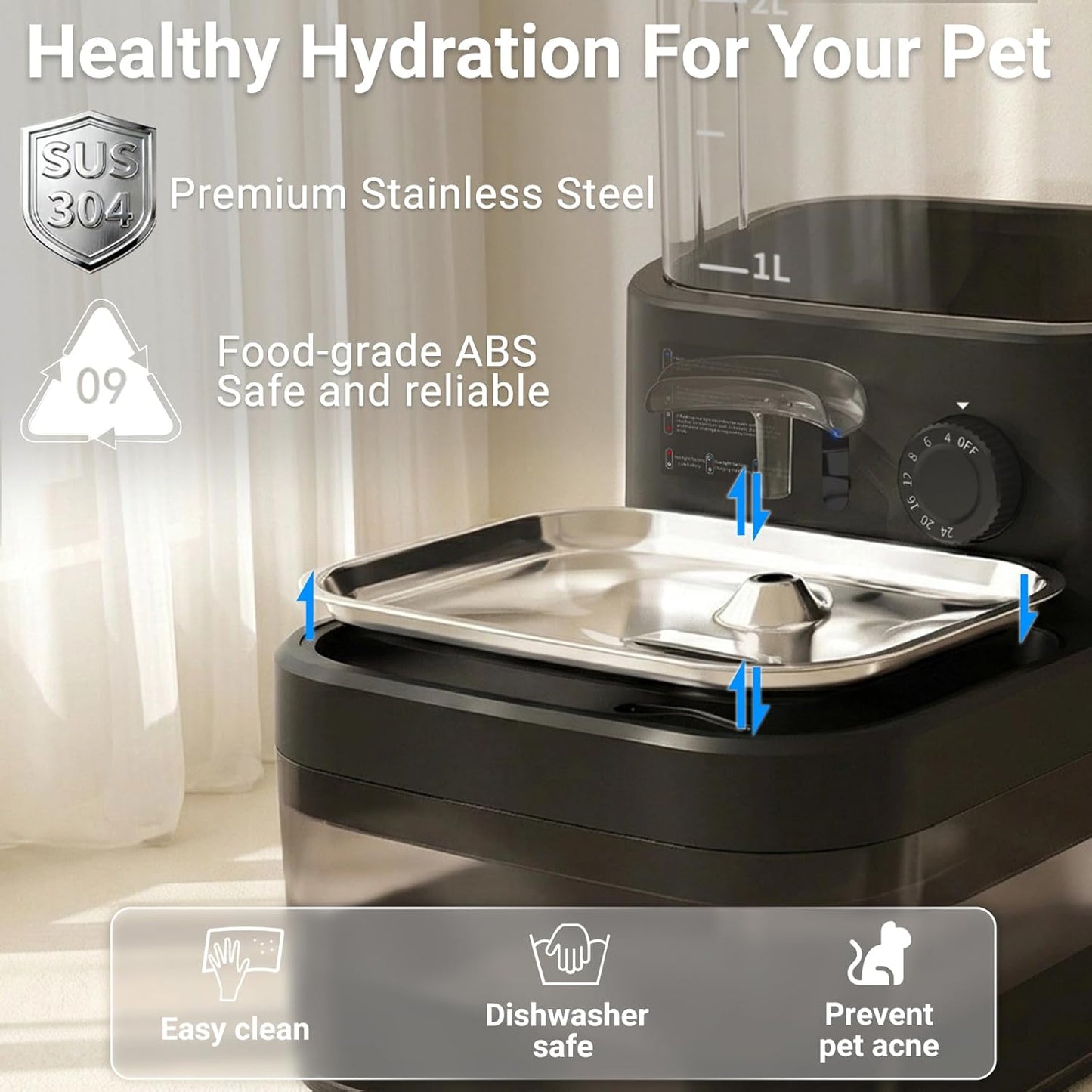 Filterless Cat Water Fountain 3L, Wireless Motion Sensor Cat Water Fountain with 4000mAh Battery, Stainless Steel Cat Bowls, Water Fountain Separate Tanks, Quiet – Black