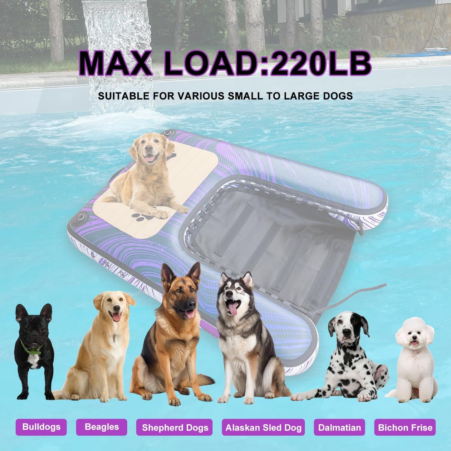 Dog Ramp & Pool Float - Portable Pet Ramp for Boats, Docks, and Pools - Non-Slip Ramp for Small, Medium, and Large Dogs - Lightweight & Foldable - Purple and Blue Wave Pattern - PVC Material