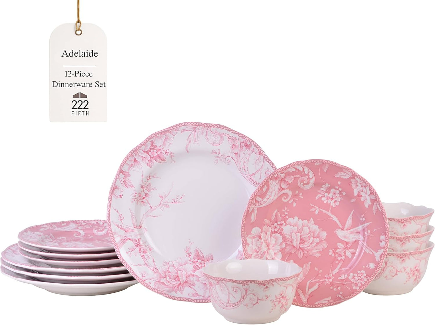 222 Fifth Adelaide Blush 12-Piece Pink Porcelain Dinnerware Set – Service for 4, Big Dinner Plates and Bowls Sets, White with Pink Floral Pattern, for Daily Entertainment, Microwave & Dishwasher Safe