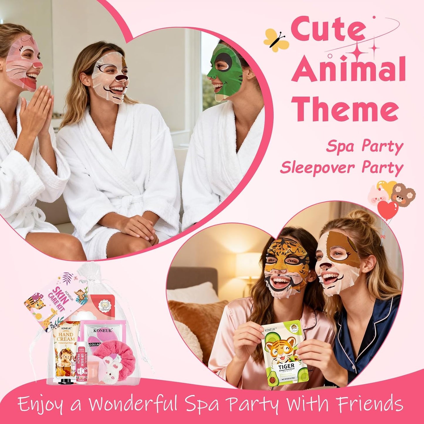 70PCS Animal Spa Party Supplies for Girls, Spa Party Favors Kit Include Girls Face Mask, Lip and Eye Mask Set, Lip Balm, Hand Cream and Foot Bath Bombs, Spa Birthday and Sleepover Party Supplies Gifts