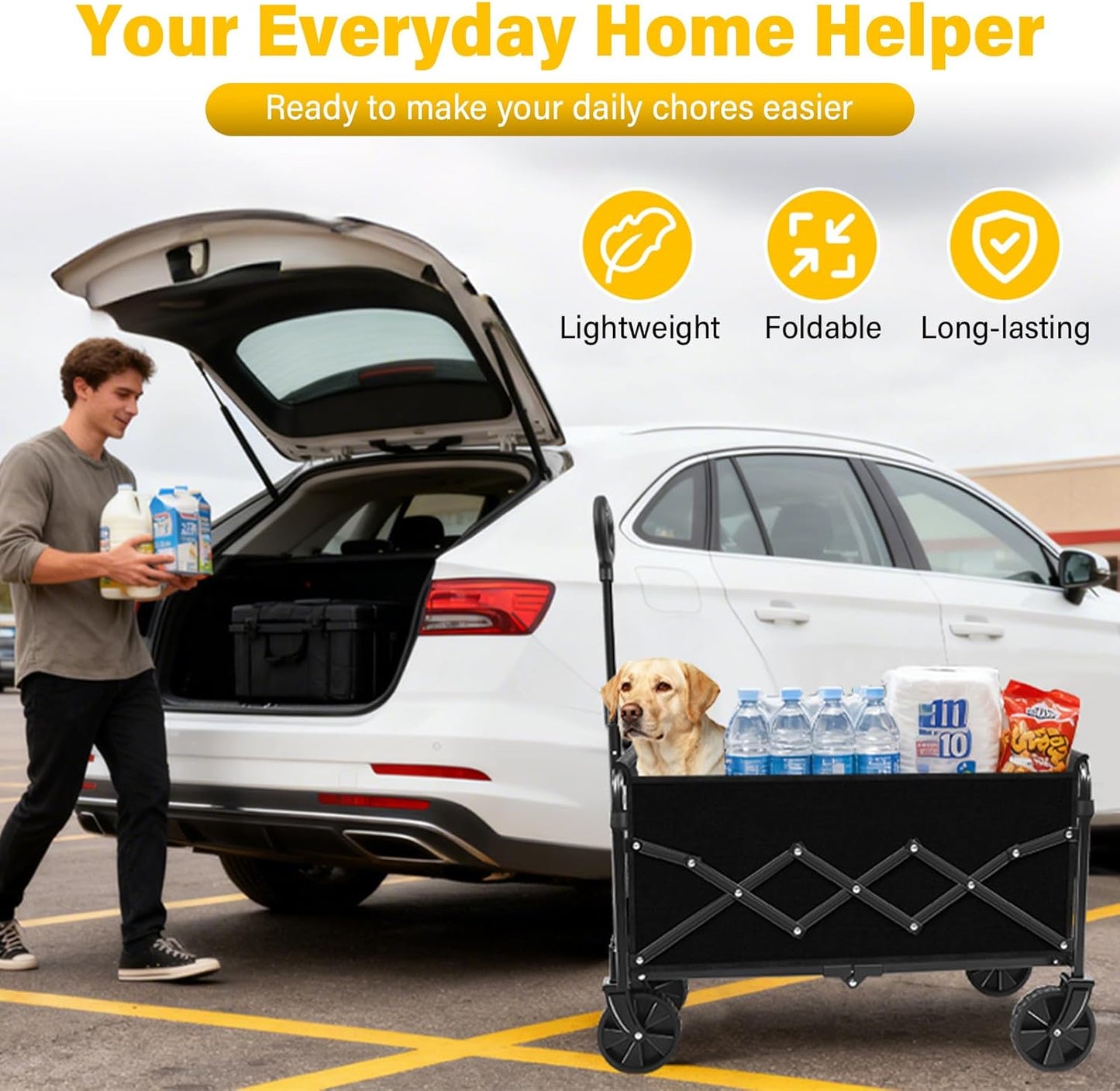 Wagons Carts Foldable, Collapsible Wagon with Wheels — Foldable Wagon for Groceries,Picnic,Beach,Camping, Small Hauls, Apartment Moving Storage, Portable Utility Folding Wagon Cart, 360lbs, Black