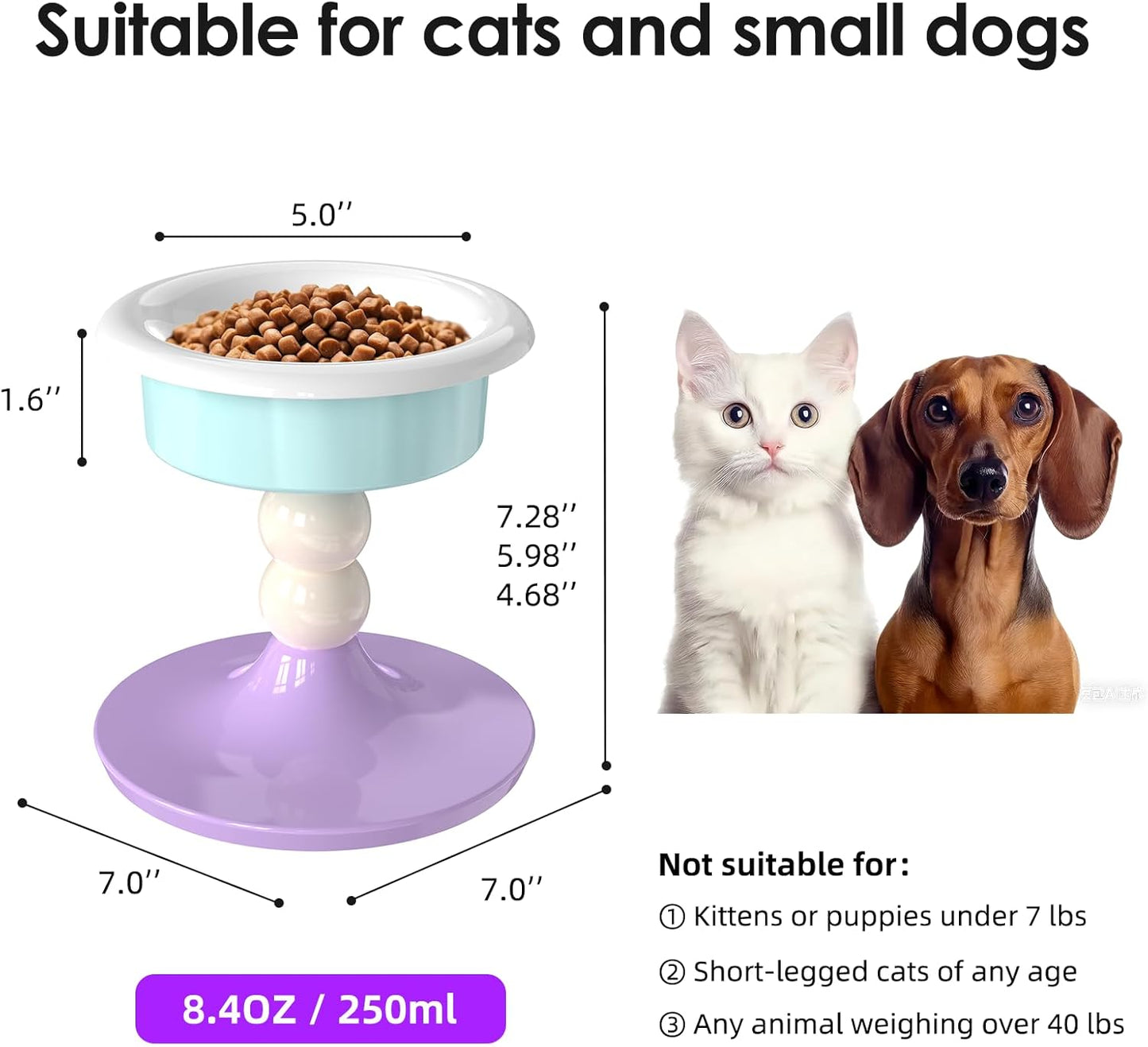 Elevated Cat Bowl with 3 Adjustable Heights (4.69/5.98/7.28 Inches), 0-20° Tilted Anti-Slip Ceramic Pet Bowl, Whisker Fatigue Relief Feeding Station for Cats & Small Medium Dogs, Dishwasher Safe