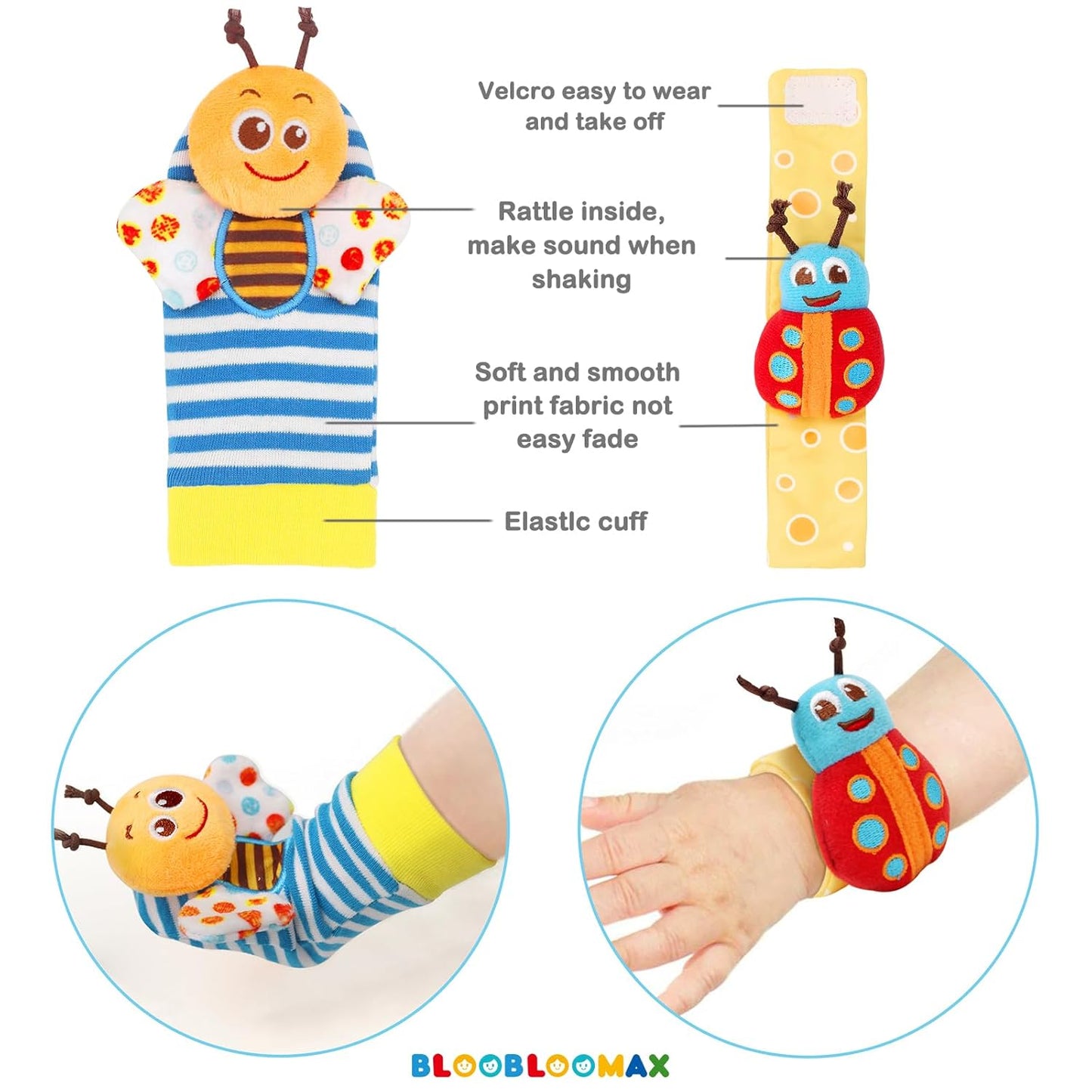Bloobloomax Wrist Rattle Socks and Foot Finder Set, Infant Girl Boy Toys for Babies 0-36 Months, Newborn Hand & Foot Toys for 0 to 3 Years, Baby Shower Gifts Set Easter Basket Stuffer