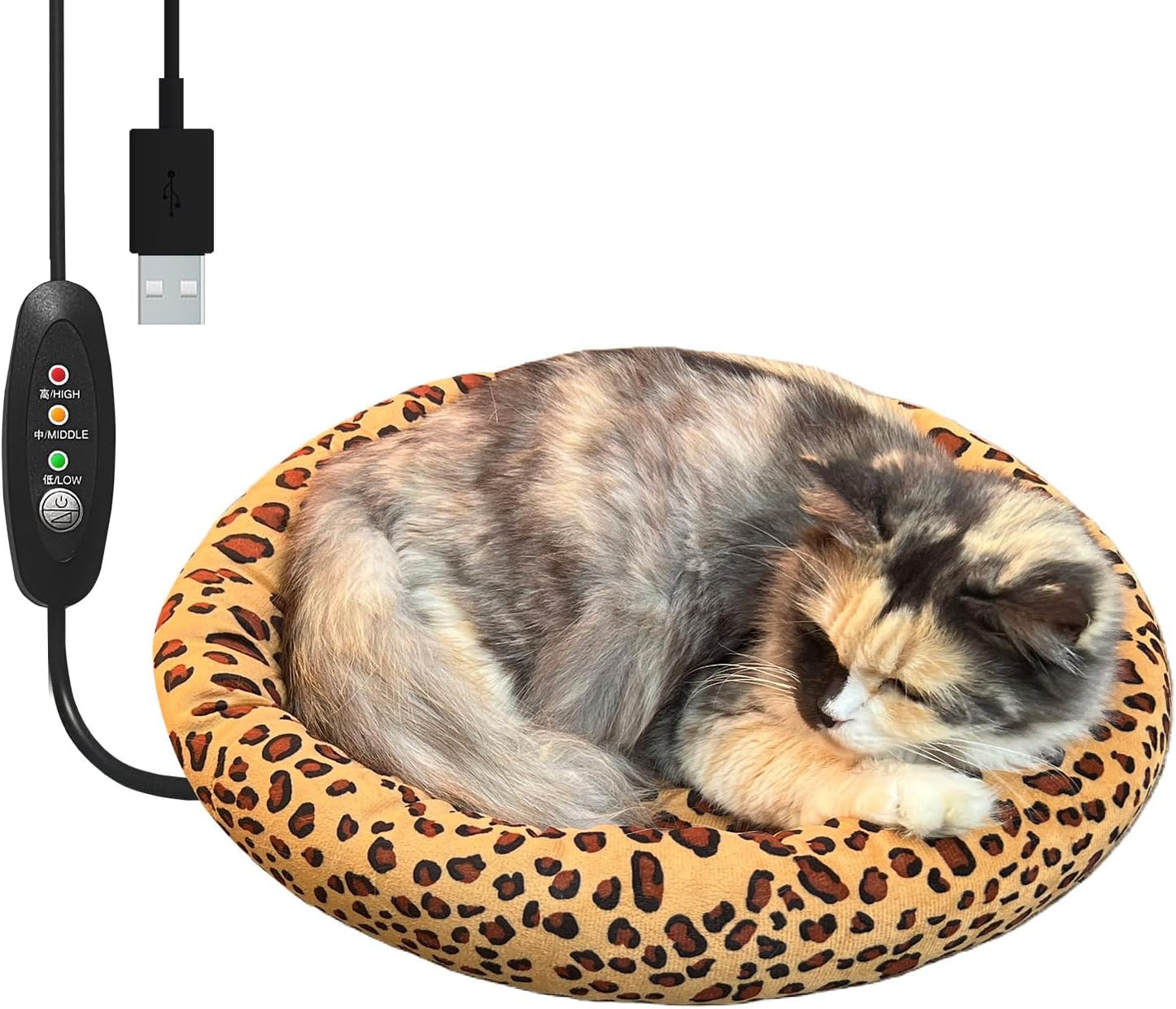 USB Heating Bed for Cats & Small Dogs - 5V Safe Heated Pad with 3-Temp Control, Washable, Indoor/Outdoor Pet Warming Bed Powered by Power Bank Battery/Car/Wall (Leopard)