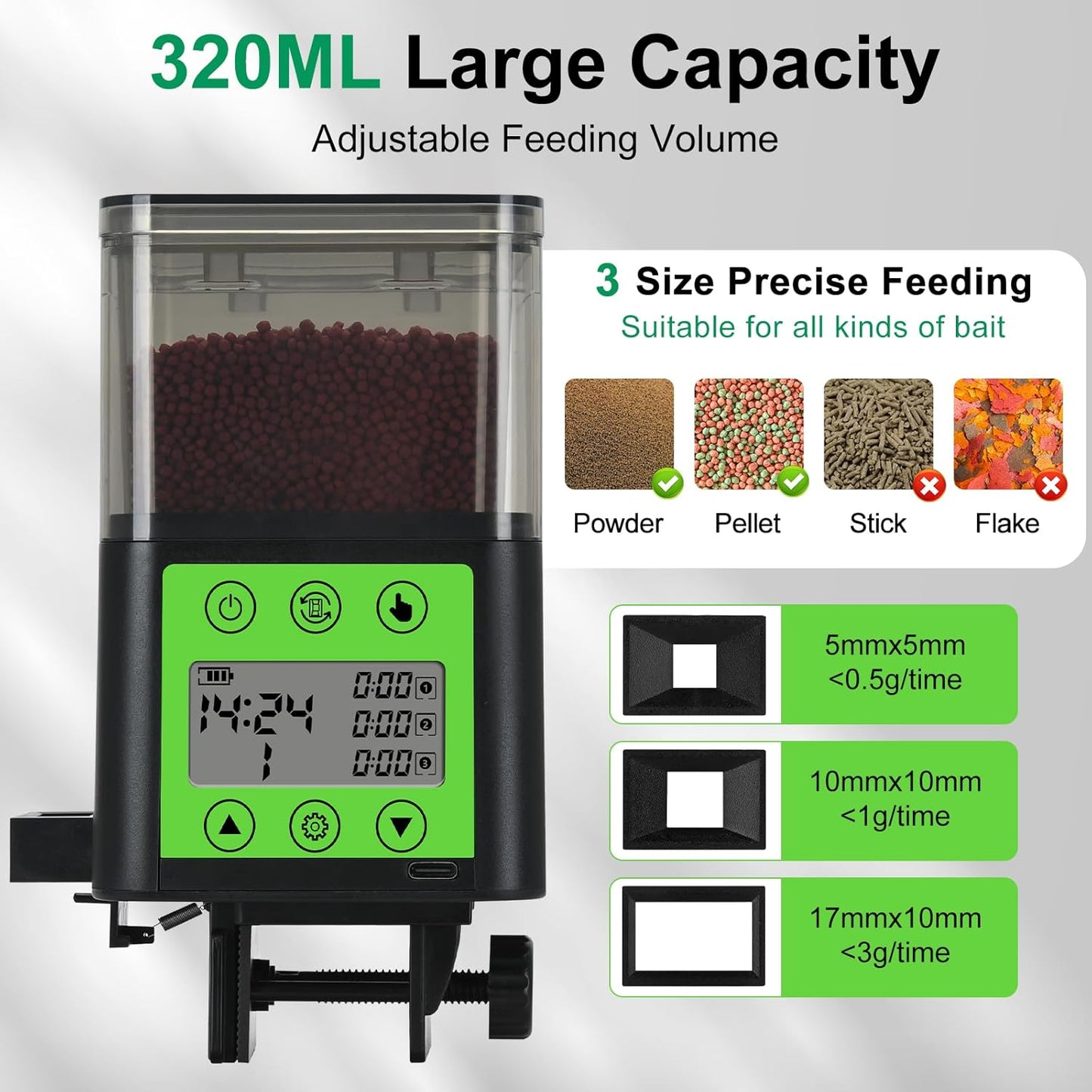 Lychee Automatic Fish Feeder - USB Rechargeable 320ML Large Capacity Aquarium Fish Food Dispenser with Two Feeding Ring, Moisture-Proof-Aquarium Electric Timer Feeder for Business Trips
