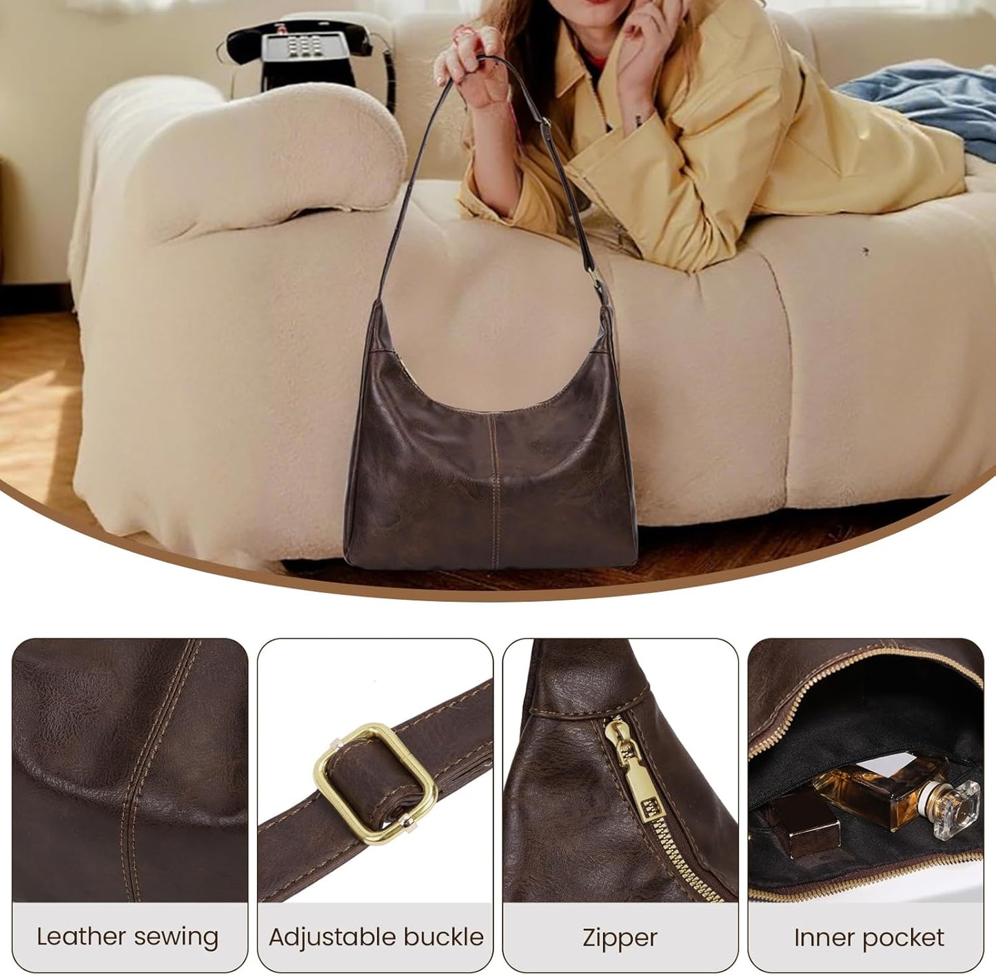 Slouchy Hobo Bags for Women Shoulder Handbag Leather Brown Purse Crossbody Handbag Daily Slouchy Tote Purses