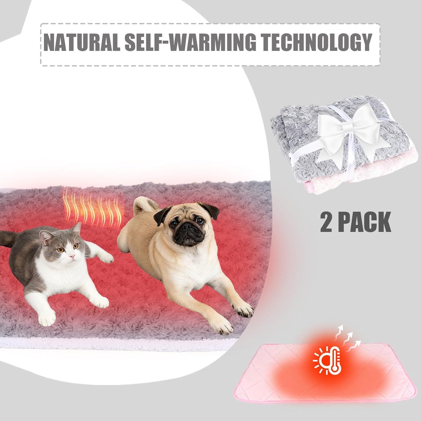 SUPRIY 2-Pack (Pink + Gray) Self-Warming Cat Mat Self-Heating Dog Mat Warm Pet Pad Reflective Heating Pet Bed Waterproof and Washable Suitable for Dog Cat Bed Cage Mats Blanket (Small15.5x19.5IN)