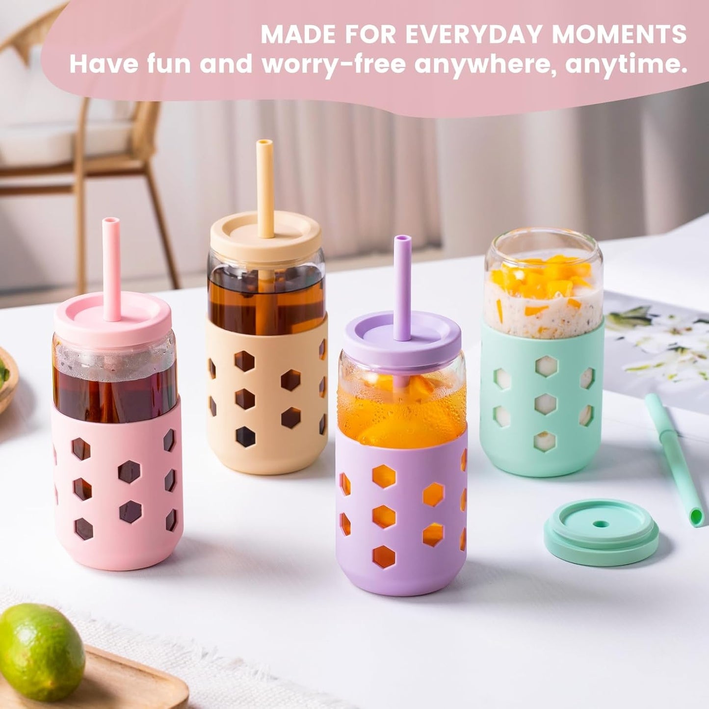 Glass Cups with Lids and Straws (4 Pcs), 16oz Drinking Glasses Set with Silicone Sleeves for Coffee Bar Accessories Iced Coffee Cups with Lids, Glass Tumbler Reusable for Gifts