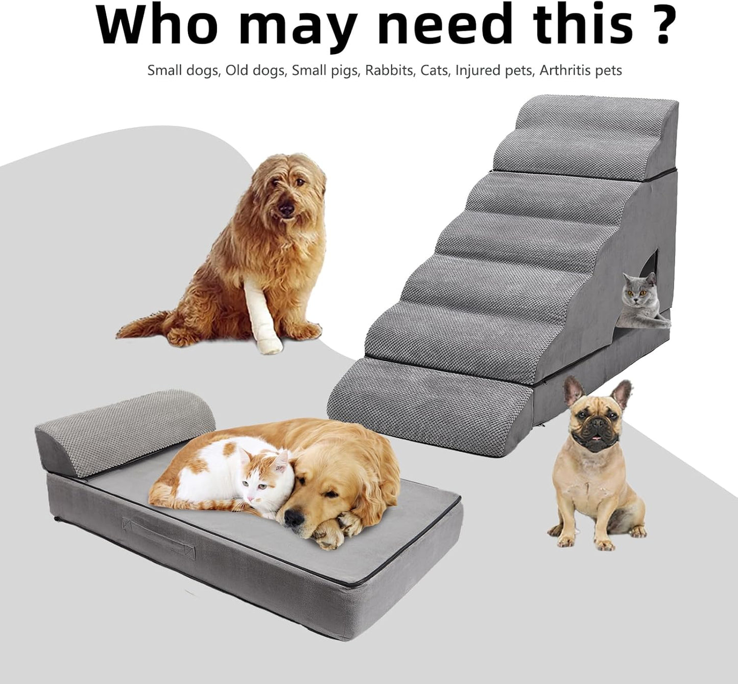 7-Step Extra Tall Dog Steps, Pet Stairs Ramp for 30 to 36 Inch Tall Bed Couch, Anti-Slip Bottom & Soft Foam Pet Ladder for Small Dogs and Cats, Grey
