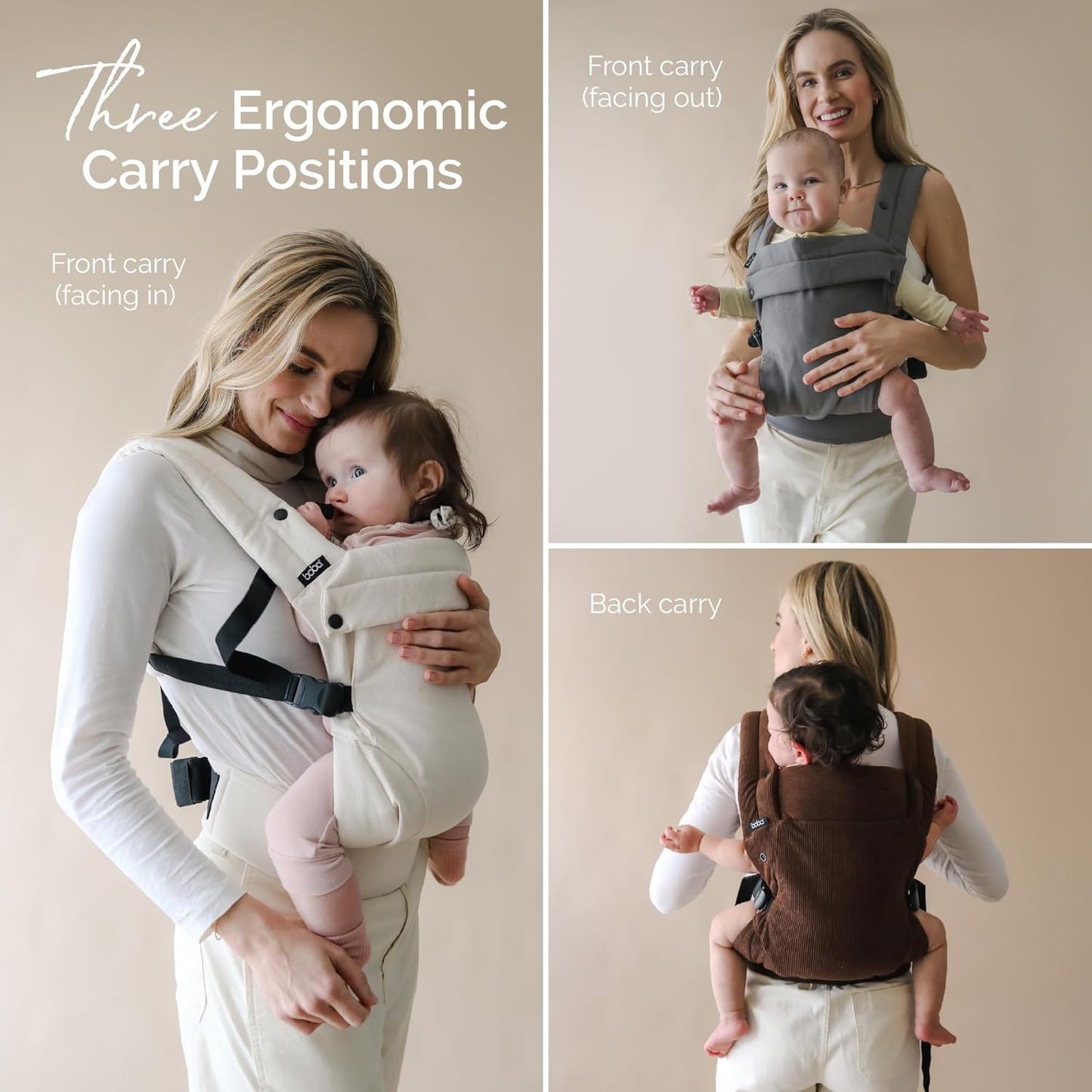 Boba Auri Baby Carrier Newborn to Toddler - 100% Cotton Premium Newborn Carrier, 3 Ergonomic Positions (Front in/Front Out/Back), “M”-Position Baby Carriers with Adjustable Seat (7-45 lbs) - Gray