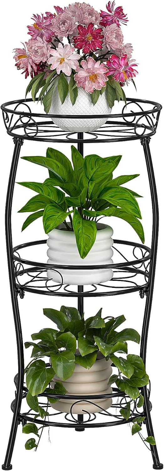 VECELO 3 Tier Metal Outdoor Plant Stand Indoor, Rustproof Stable 33.8” Tall Iron Flower Stand, Decorative Multiple Heavy Duty Plant Holder for Corner, Patio, Balcony Garden, Black