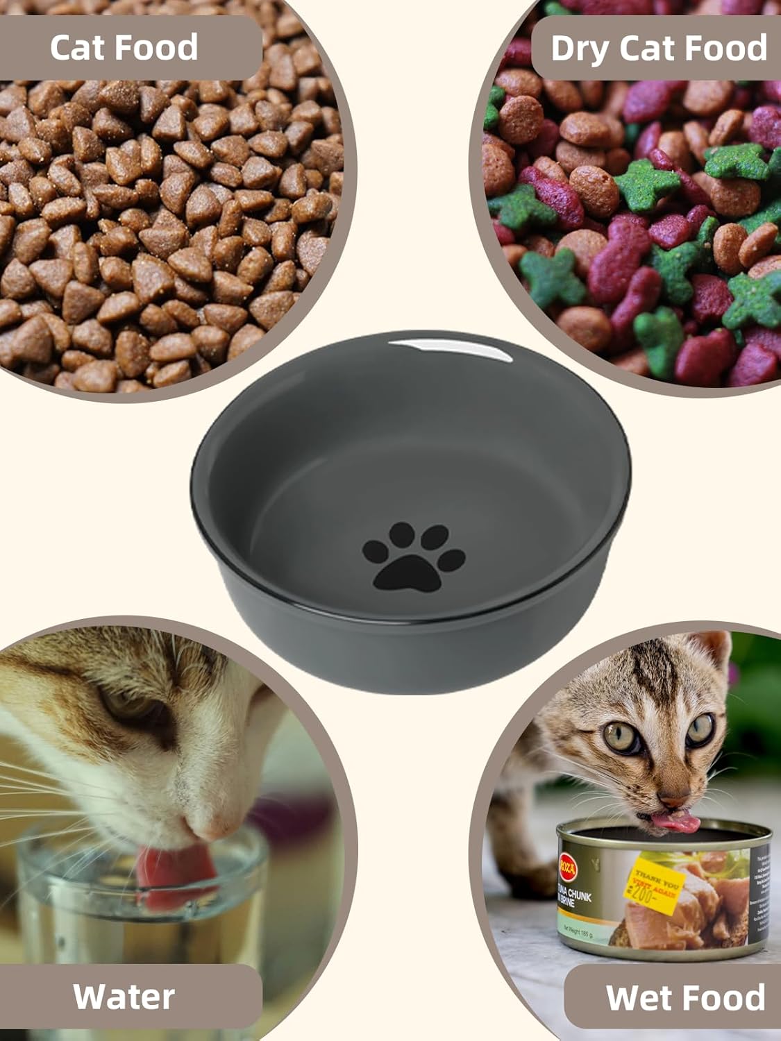 GDCZ Ceramics Raised Cat Bowl with Heighten Metal Stand for Pet Food, 15 Ounces (Grey)