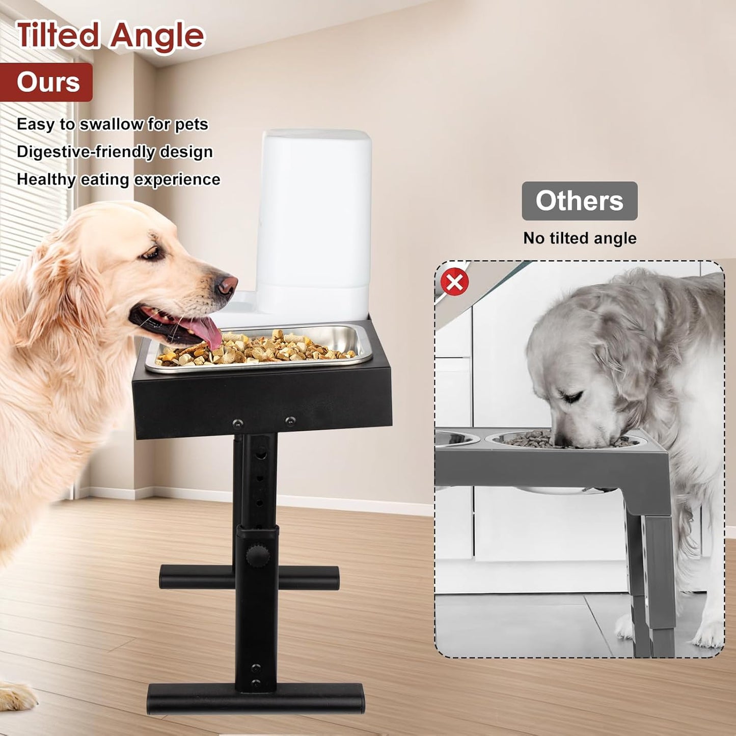Elevated Dog Bowls with Water Dispenser and 304 Stainless Steel Bowl, Adjustable to 6 Heights, 2.75" to 14.6", Raised Dog Food Bowls for Small, Medium & Large Sized Dogs, Tilted Angle