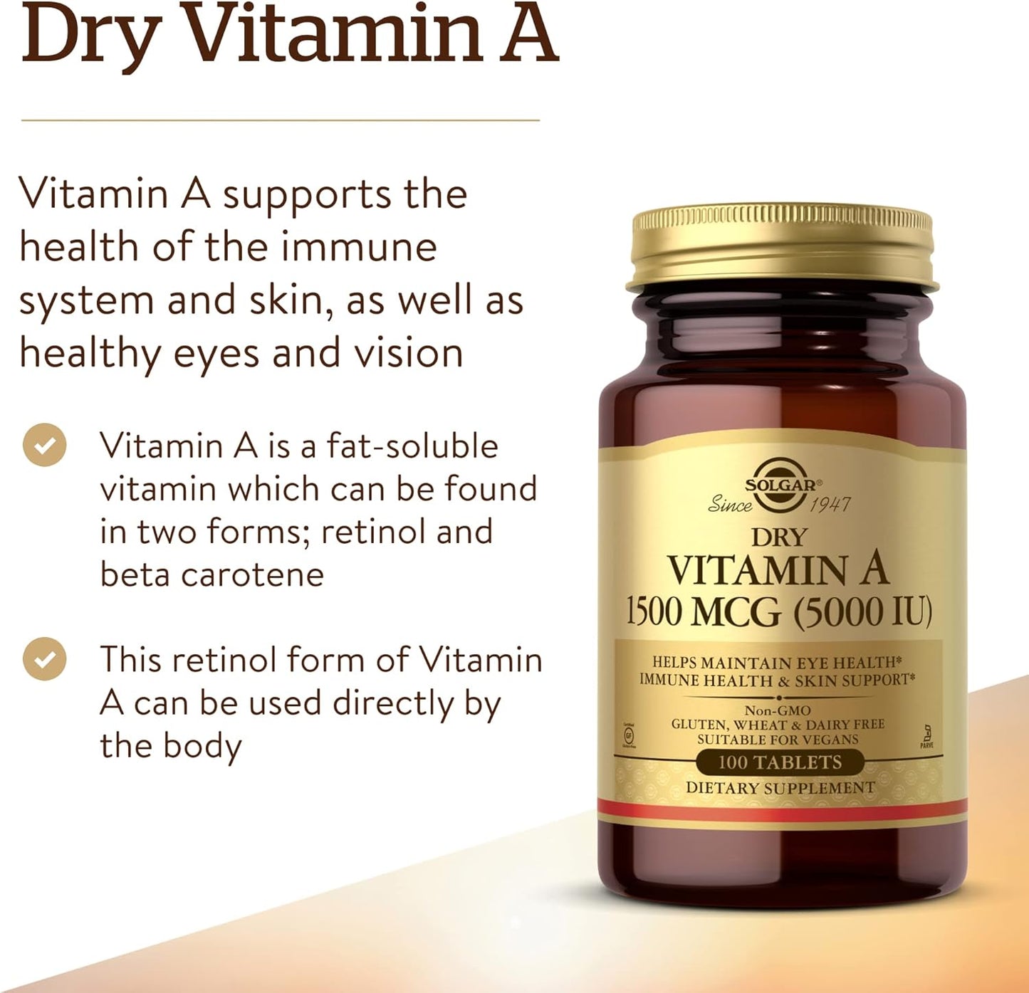Solgar Dry Vitamin A 1500 mcg (5000 IU), 100 Tablets - Supports Healthy Eyes, Skin & Immune System - Non-GMO, Vegan, Gluten Free, Dairy Free, Kosher - 100 Servings