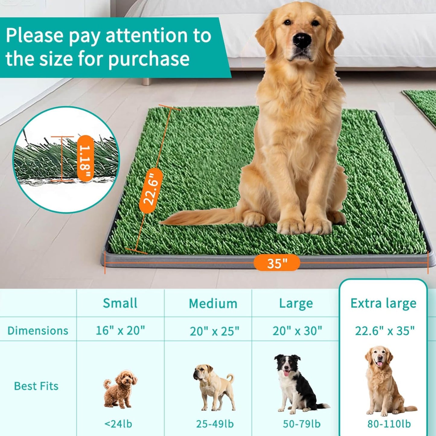Dog Grass Pad with Tray - 35"X22.6" Indoor/Outdoor Artificial Turf Potty Training Mat for Large Dogs, Portable Dog Litter Box for Balcony/Patio, Washable Reusable Pee Pad and Fake Grass for Dogs