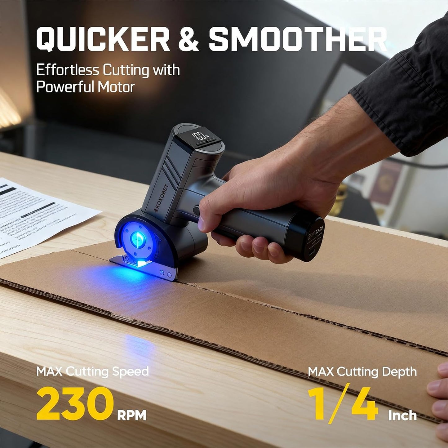2026 Upgrade 4.2V Cordless Cutting Tool, Cardboard Cutter with LED Display, Brushless Motor, Tungsten Steel 3 Blades, Electric Chop Saw for Fabric, Cardboard, Leather, Carpet- Silver