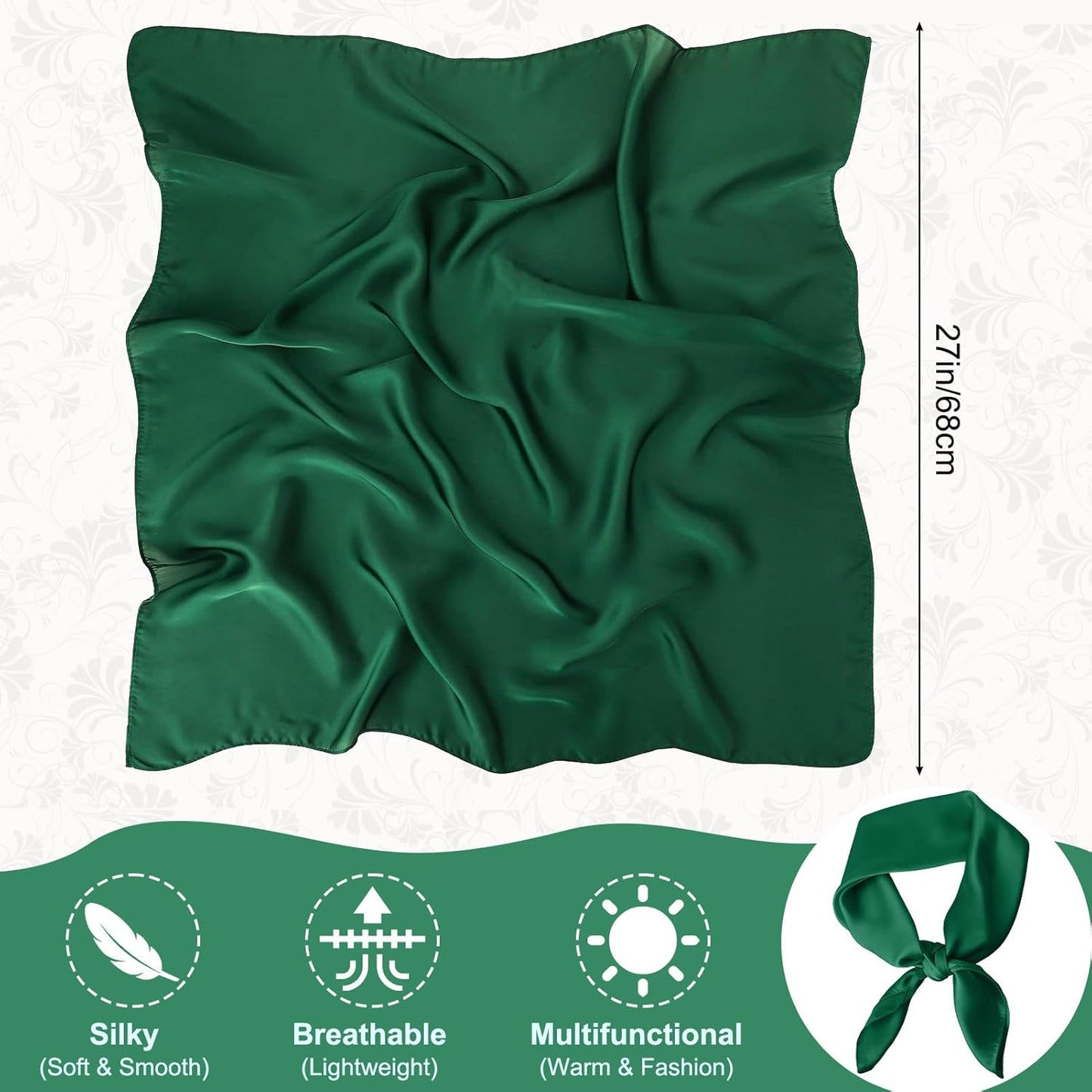 JATEBI 27''/35'' Women Large Satin Scarf Silk Feel Square Wraps Big Hair Bandanas Vintage Print Solid Color Bandana Scarves