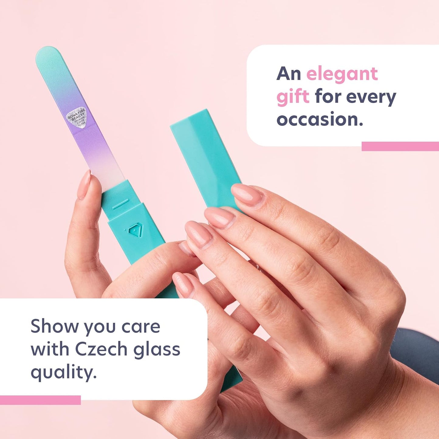 Glass Nail File with Case, Czech Glass Fingernail Files, Manicure Nail File for Natural Nails, Expert Precision Filing + Smooth Finish - Bona Fide Beauty Premium Nail Filer (Pastel Aqua Violet)