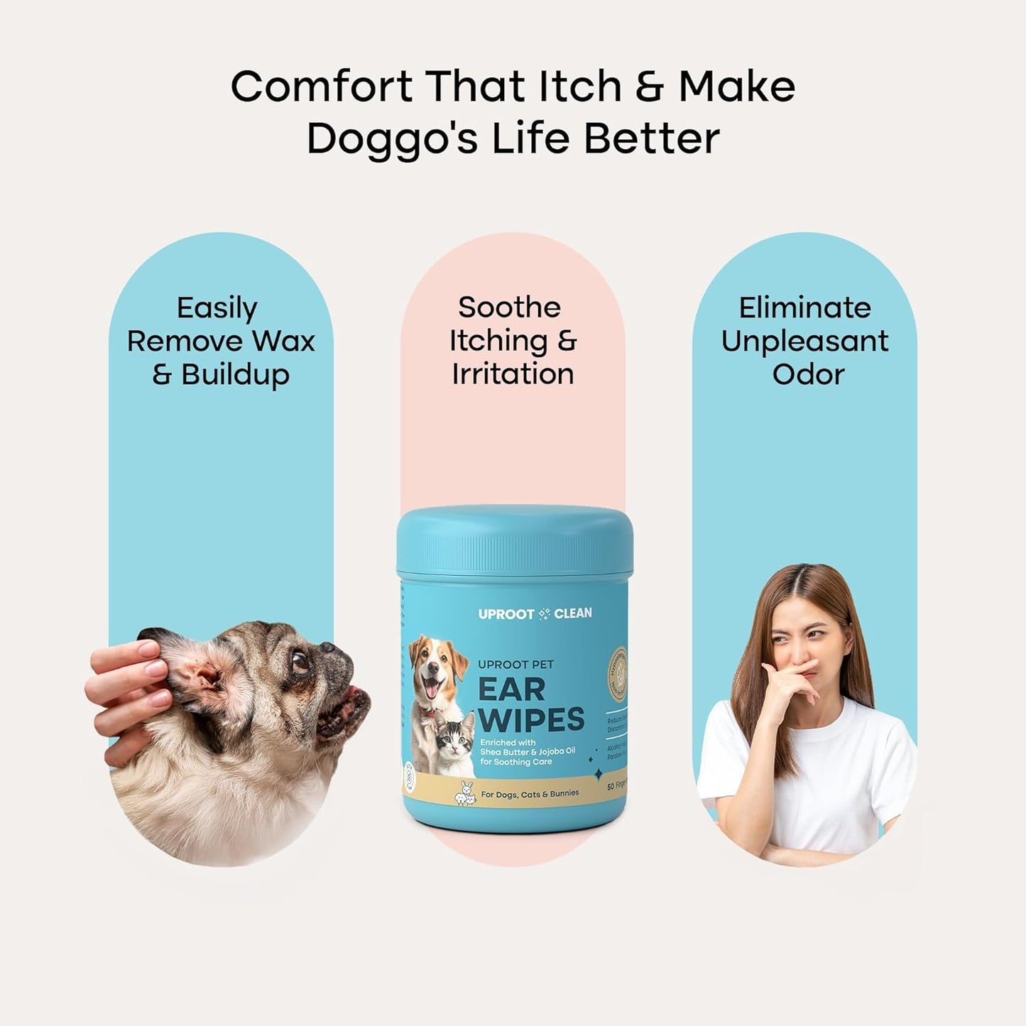 Uproot Clean Cat & Dog Ear Cleaner Finger Wipes (50ct.): Disposable Dog Ear Wipes Enriched with Shea Butter & Jojoba Oil - Cleaner Removing Wax Build Up, Help with Odor Discomfort