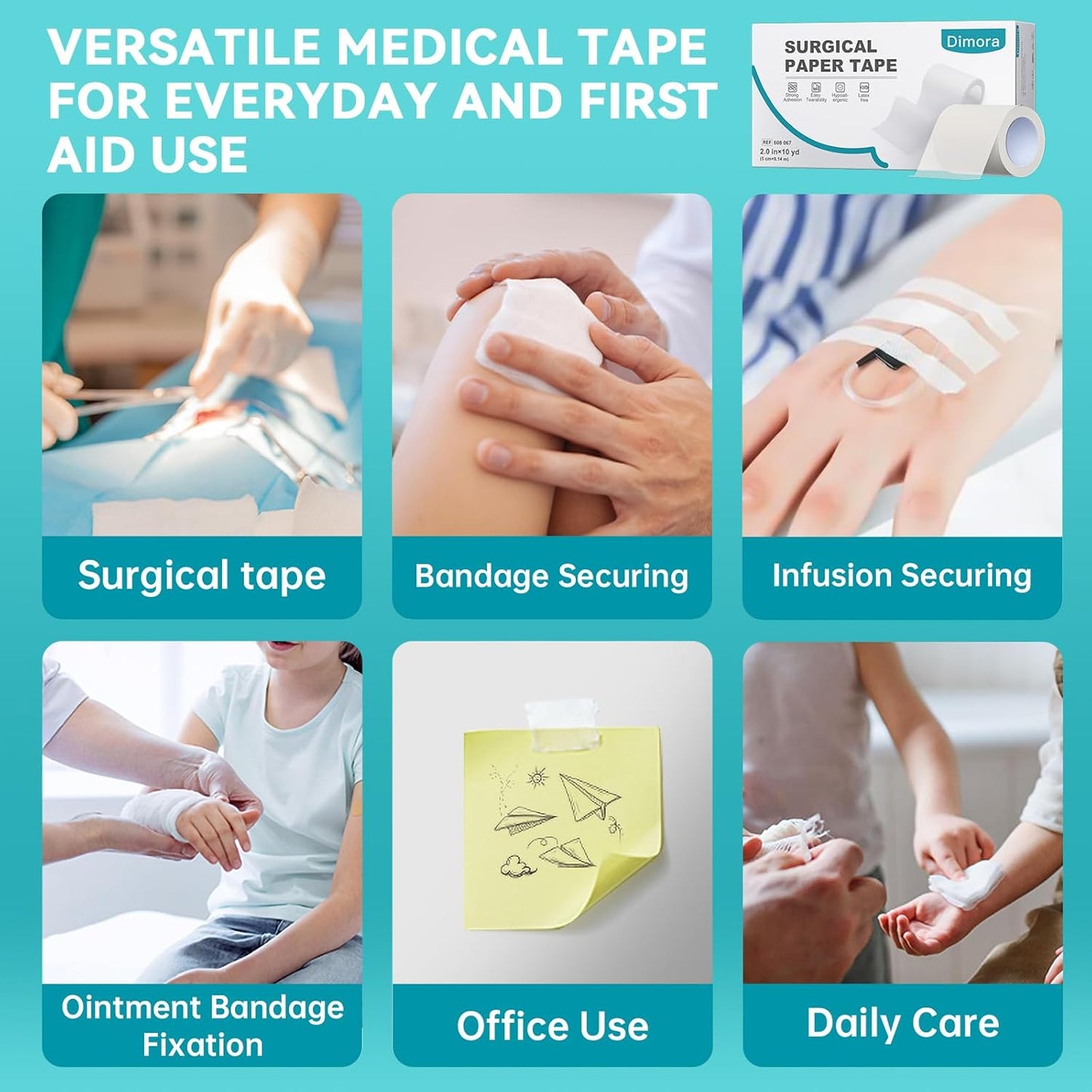 Dimora Paper Medical Tape 8 Rolls- Hypoallergenic White Surgical Tape for Sensitive Skin，Breathable First Aid Wound Tape with Pain-Free Removal，Secures Dressing and Medical Devices -2" x 10 Yards