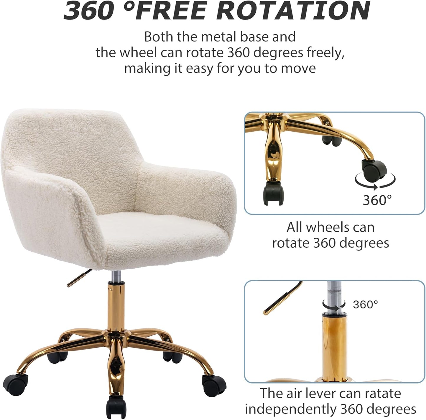 KCC Faux Fur Office Desk Chair, Comfy Swivel Armchair with Wheels, Upholstered Fuzzy Vanity Chair, Adjustable Height, White