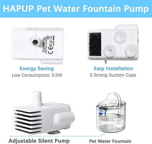 Cat Water Fountain Pump Silent DC5V Original Pet Drinking Fountain Replacement Pump (170L/H) with 6.5ft USB Power Cord for 61OZ/1.8L HAPUP Dog Water Fountain Fish Tank Hydroponics (No Adapter)