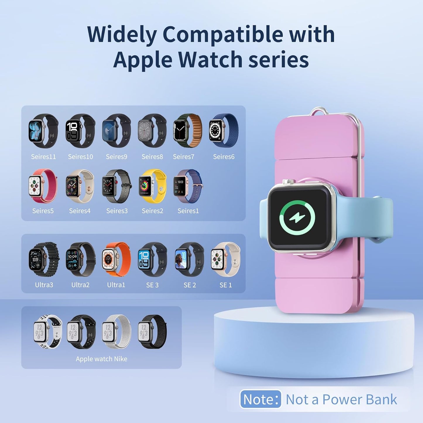 Charger for Apple Watch, Magnetic Portable iwatch Charger, USB C &USB A Fast Wireless Charging Travel Charger for Apple Watch Series 11/10/9/8/7/6/5/4/3/2/1/SE/UItra 2/Ultra,Pink