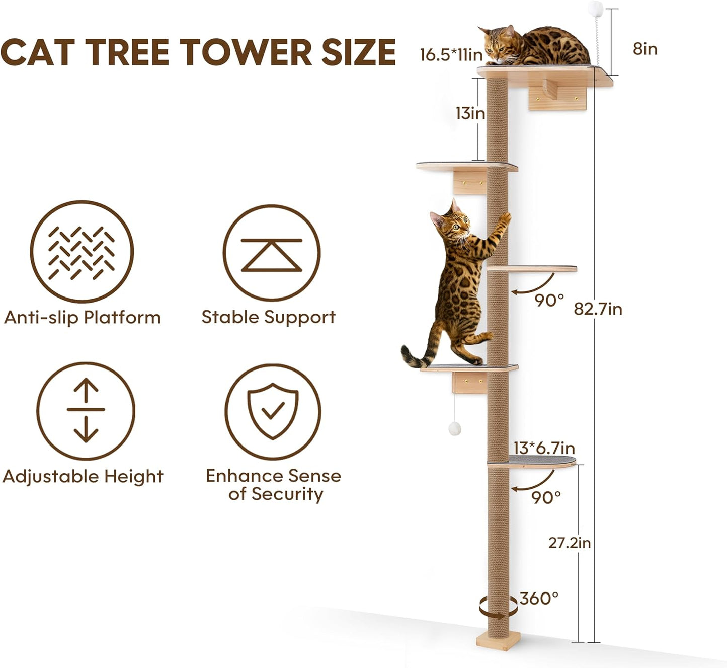 Floor to Ceiling Cat Tree for Kittens, 5-Tier Wall Mounted Cat Wall Shelves with Grey Felt Pads, Adjustable Wild Simulation Cat Tower, Natural Pine Wood Platforms for Climb, Scratch and Lookout