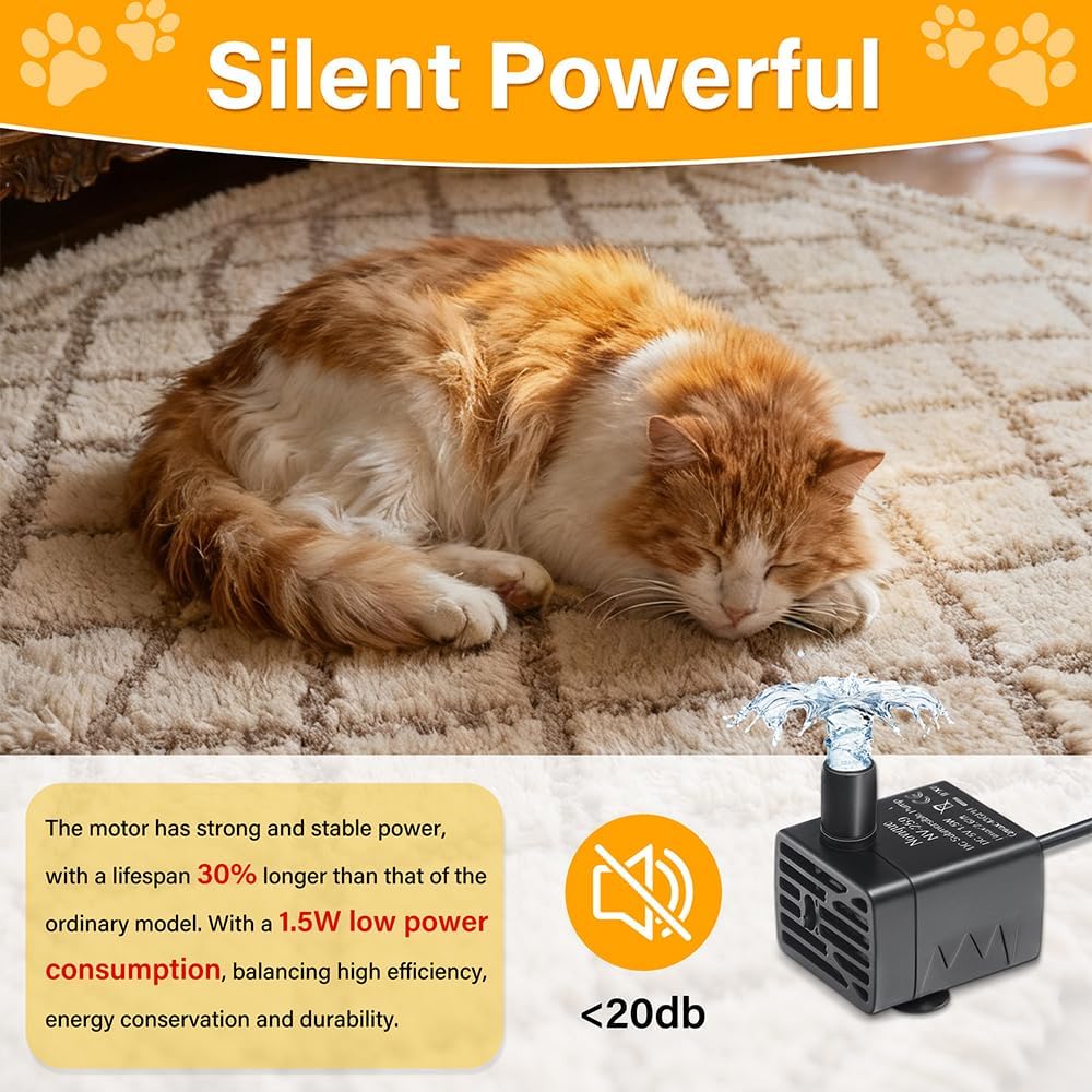 Ultra-Quiet Replacement Pump for Cat Water Fountains Submersible Pet Drinking Fountain Dog Water Dispenser Pump 5V IPX8 Waterproof （USB Cable）