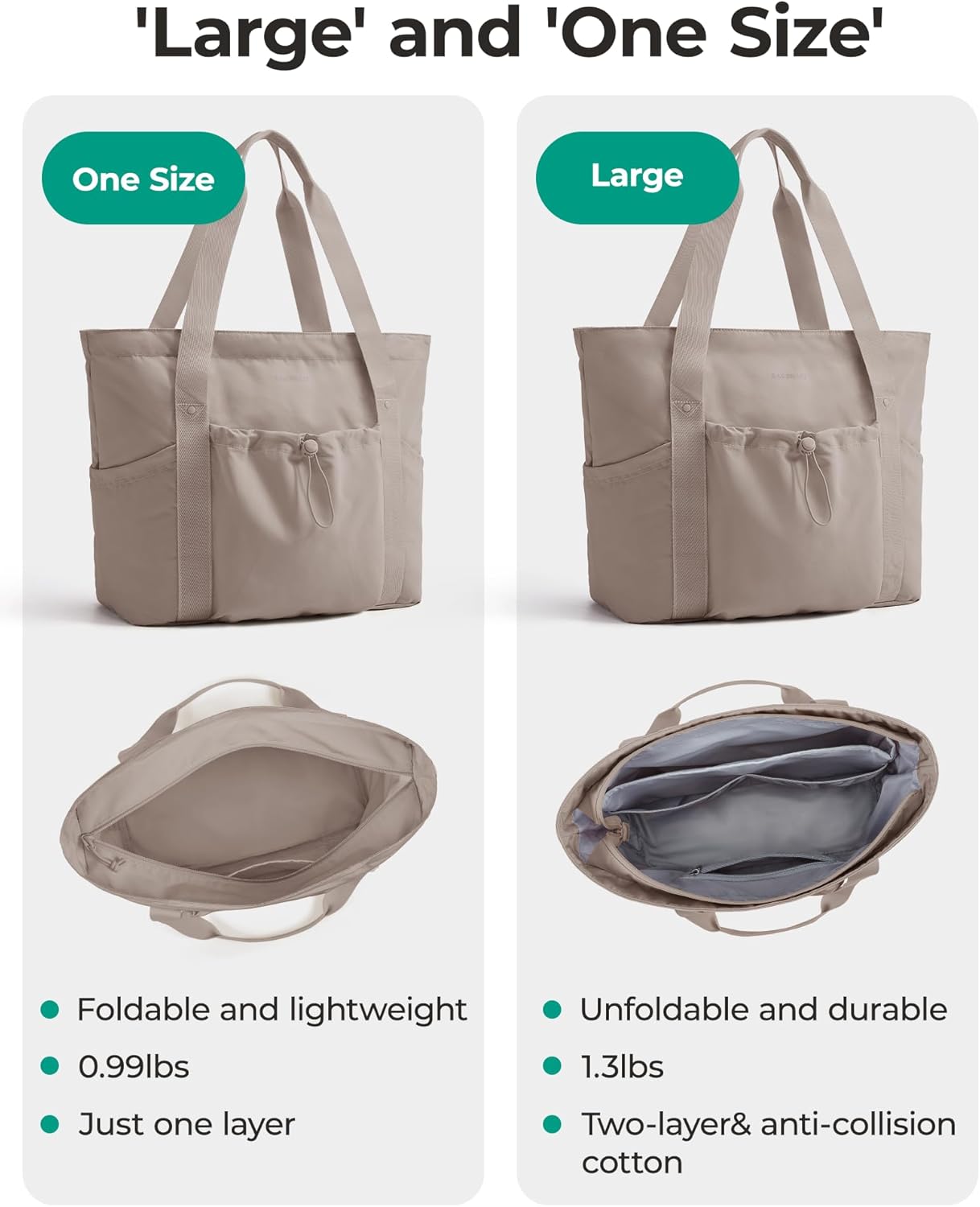BAGSMART Foldable Tote Bag with Drawstring Bag, Large Tote Bag Shoulder Bag Top Handle Handbag for Travel, Work, Beach, Gym