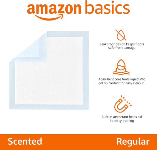 Amazon Basics Scented Dog and Puppy Potty Training Pee Pads, 5-Layer Leak-Proof Super Absorbent with Quick-Dry Surface, Regular Size 22 x 22 Inch, Blue, 150 Count