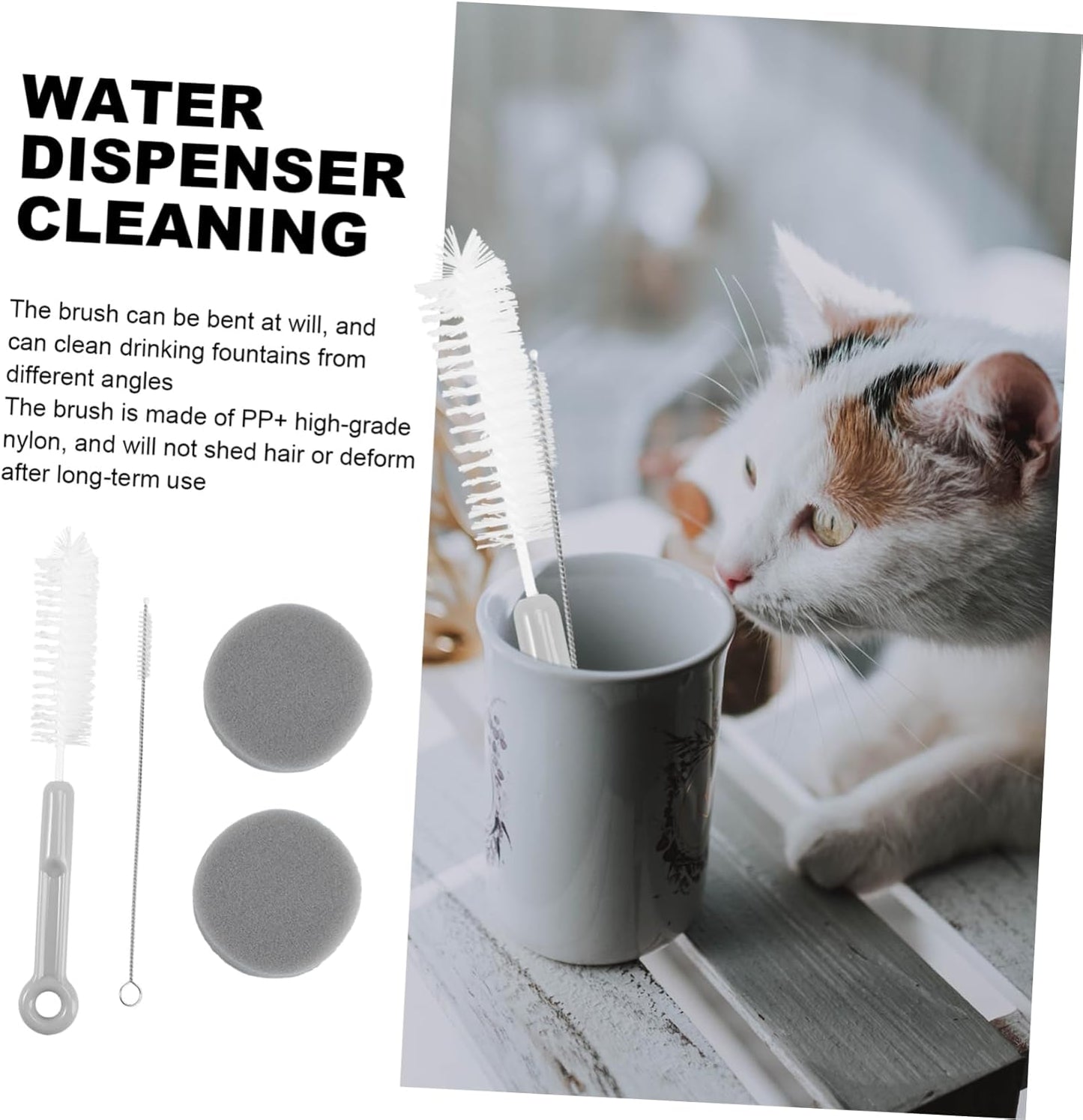 ERINGOGO 1Set Pet Feeder Water Fountain Cleaning Set Tools with Long Handle Brushes for Efficient Daily Care for Dog Cat Owners Gray