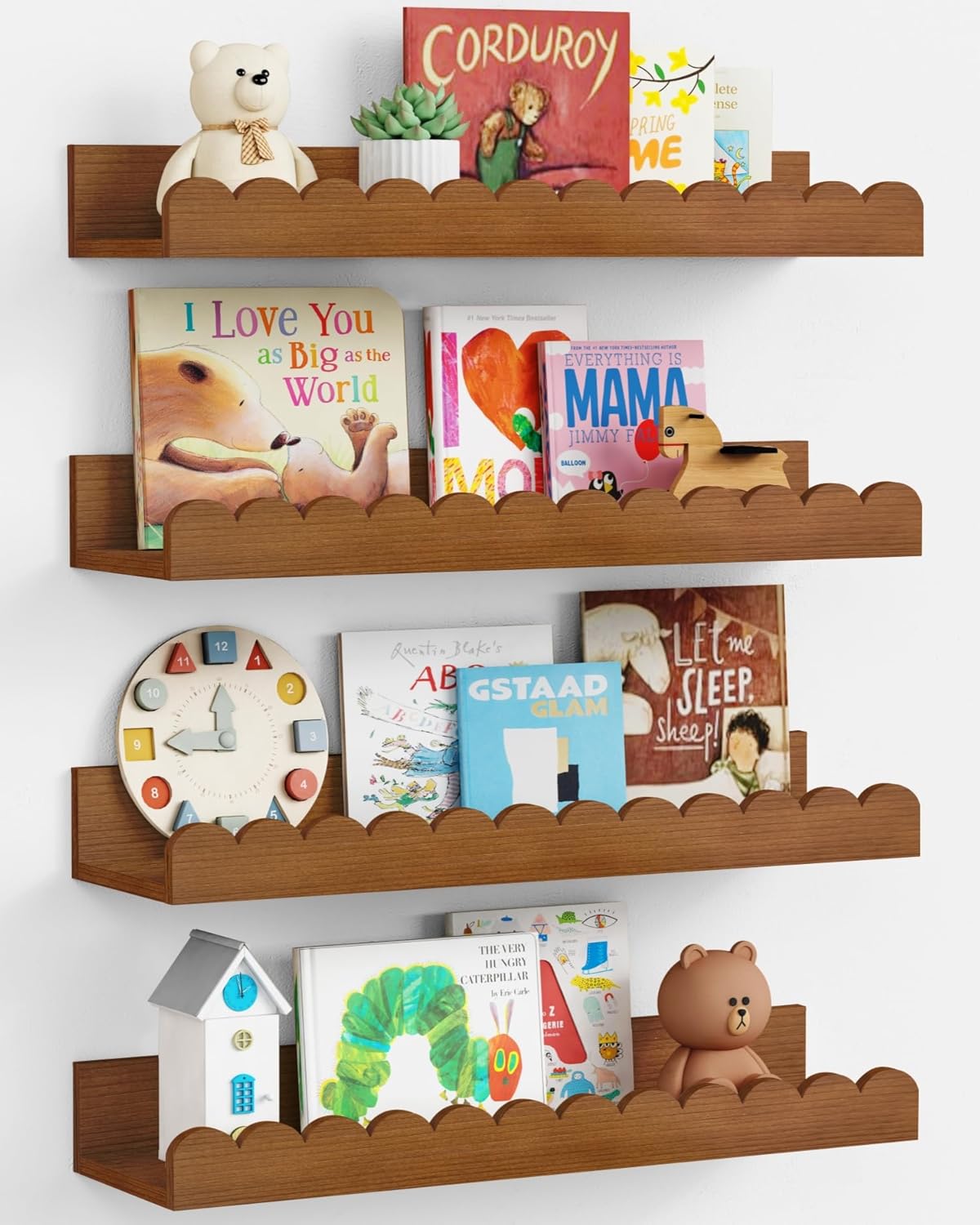 Walnut Nursery Book Shelves Wall Set of 4, Dark Wood Scalloped Floating Bookshelf for Wall, Cloud Wooden Hanging Shelving Unit for Kids Bedroom Baby Child Toddler Room Kitchen (Walnut Brown)