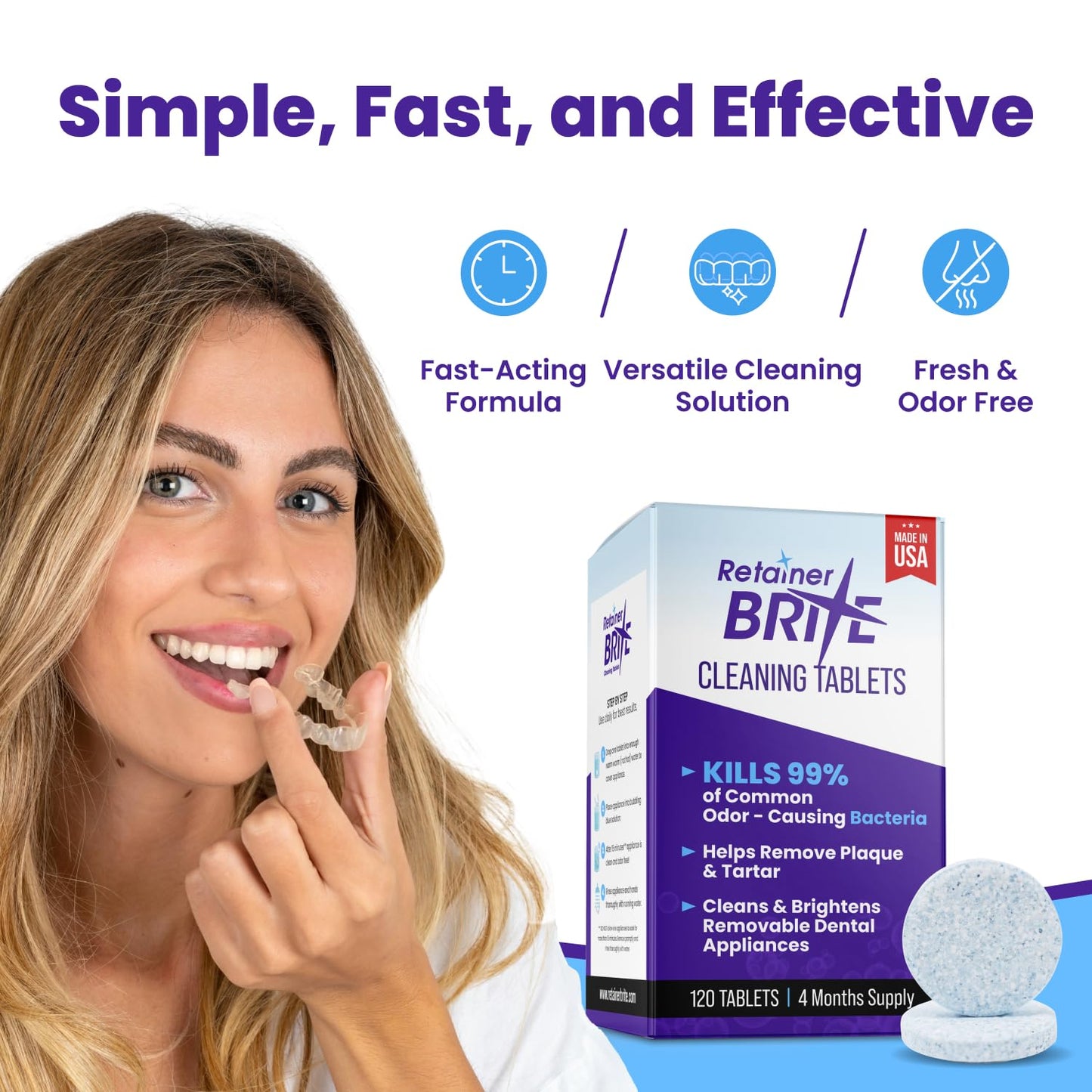 Retainer Brite Retainer Cleaner Tablets for Ultrasonic Cleaners, Used for Cleaning Invisalign, Mouth Guard, Night Guard and More, 4 Month Supply, Made in USA,120 Tablets