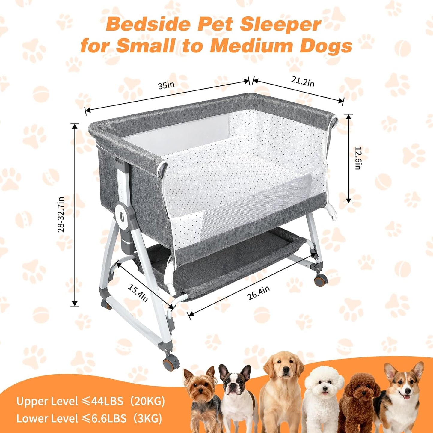 YUEPET Bedside Dog Bed Sleeper, 6-Level Adjustable Pet Bassinet with Lockable Wheels, Removable Washable Cover, Breathable Mesh & Large Storage Extension for Small Medium Dogs Cats (35'' × 21.7''