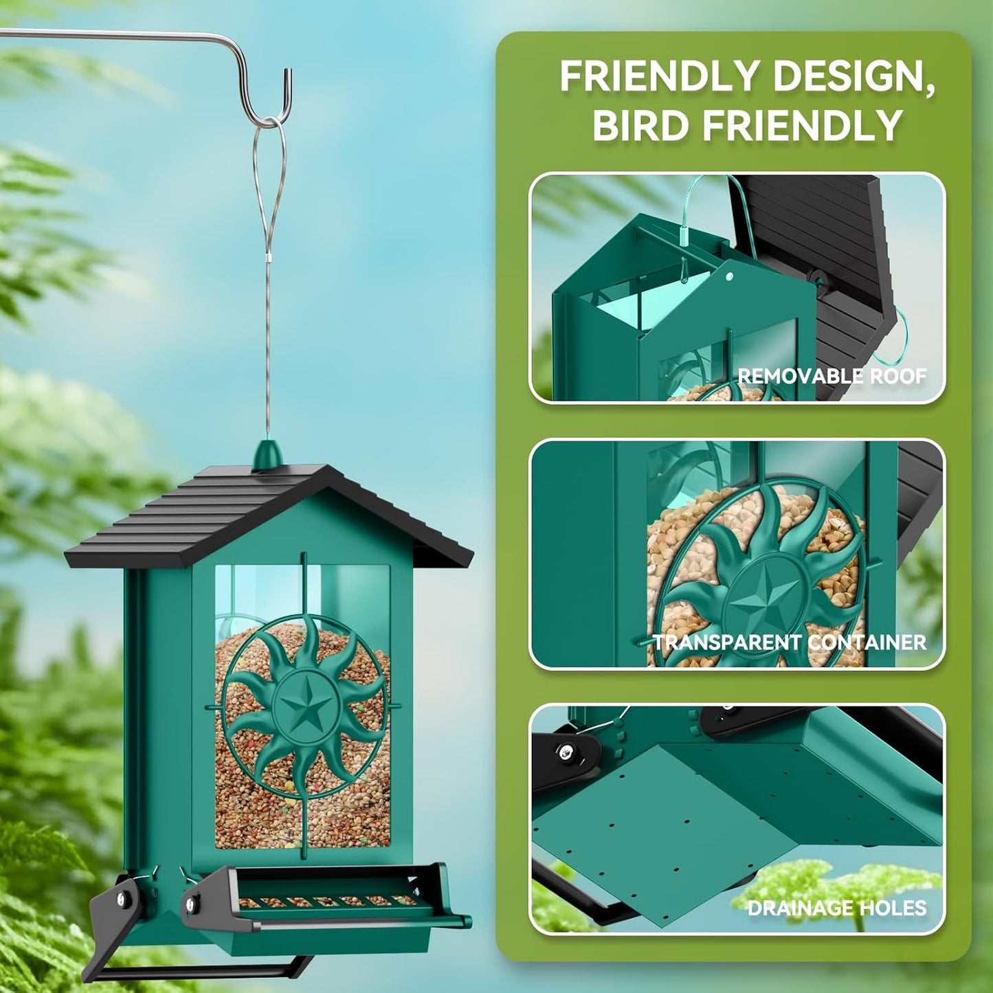 Metal Squirrel Proof Bird Feeders for Outdoors With Weight-Activated, 5LB Large Wild Bird Feeders for Cardinals,Blue jay,Finch, Weatherproof Durable Hanging Bird Feeder for Backyard,Garden,Patio-Green