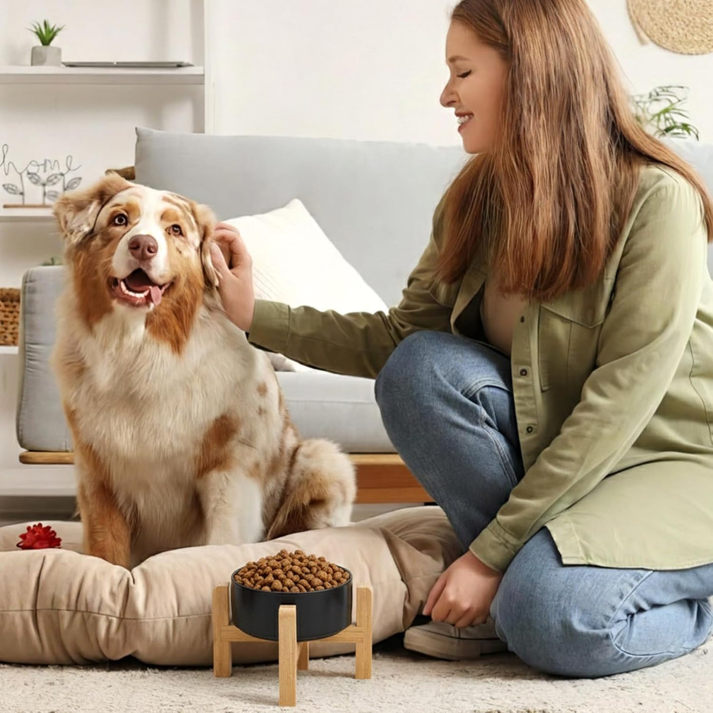2 Pack 5.9Inch Ceramic Raised Dog Bowl, Raised Dog Bowls with Non-Slip Bamboo Stand Food and Water Bowls Heavy Duty Pet Bowl for Small and Medium Dogs (Black + White)